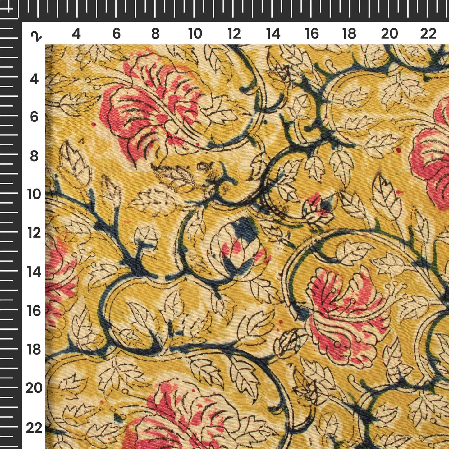 Corn Yellow And Red Floral Kalamkari Cotton Silk Fabric