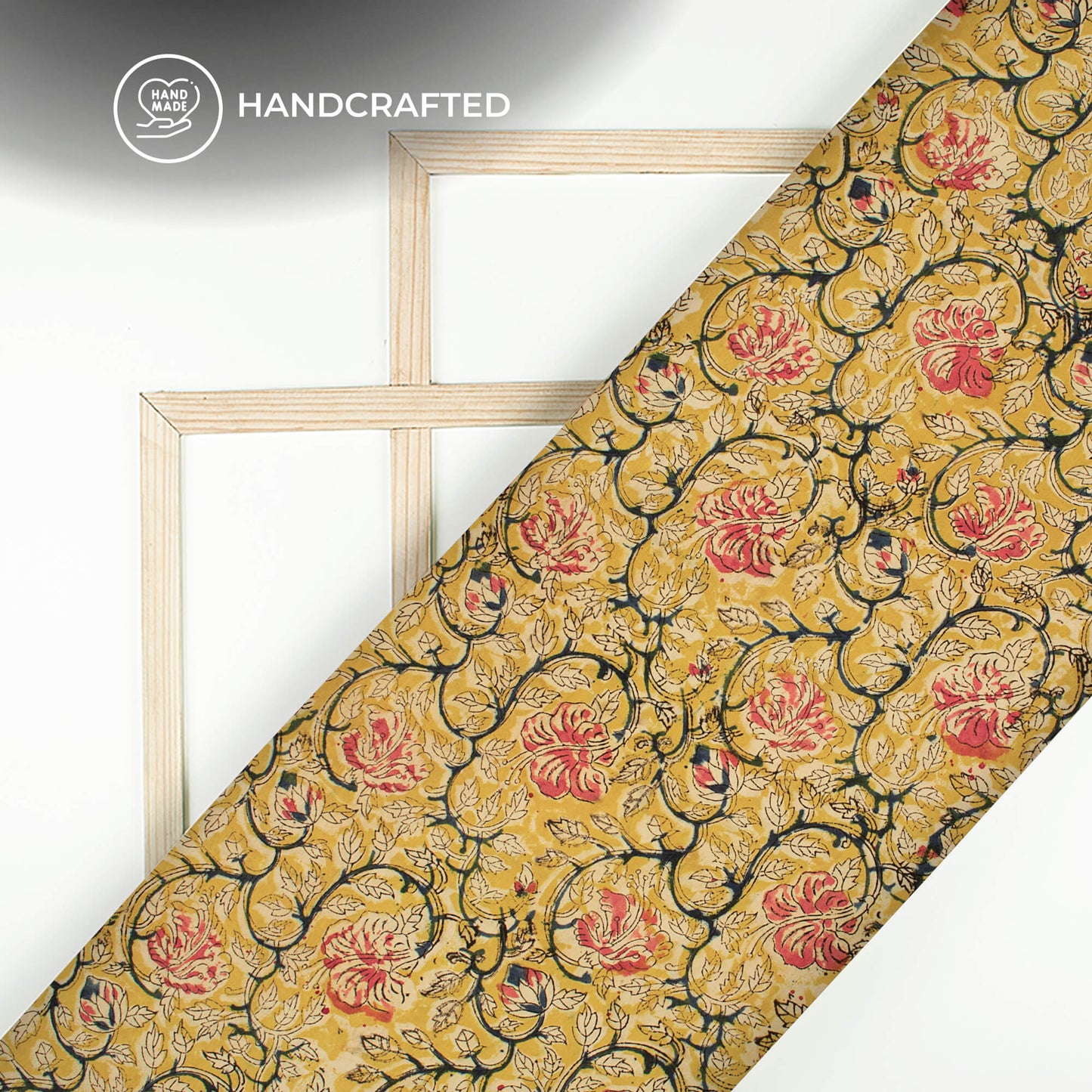 Corn Yellow And Red Floral Kalamkari Cotton Silk Fabric