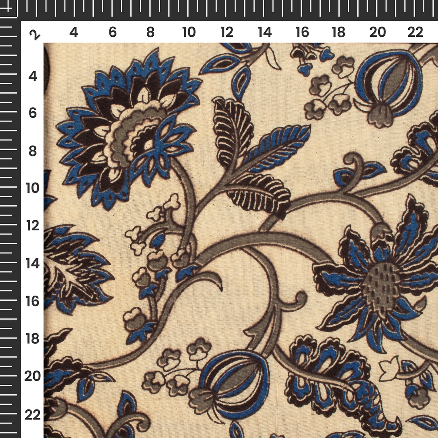 Admiral Blue And Beige Floral Kalamkari Cotton Fabric