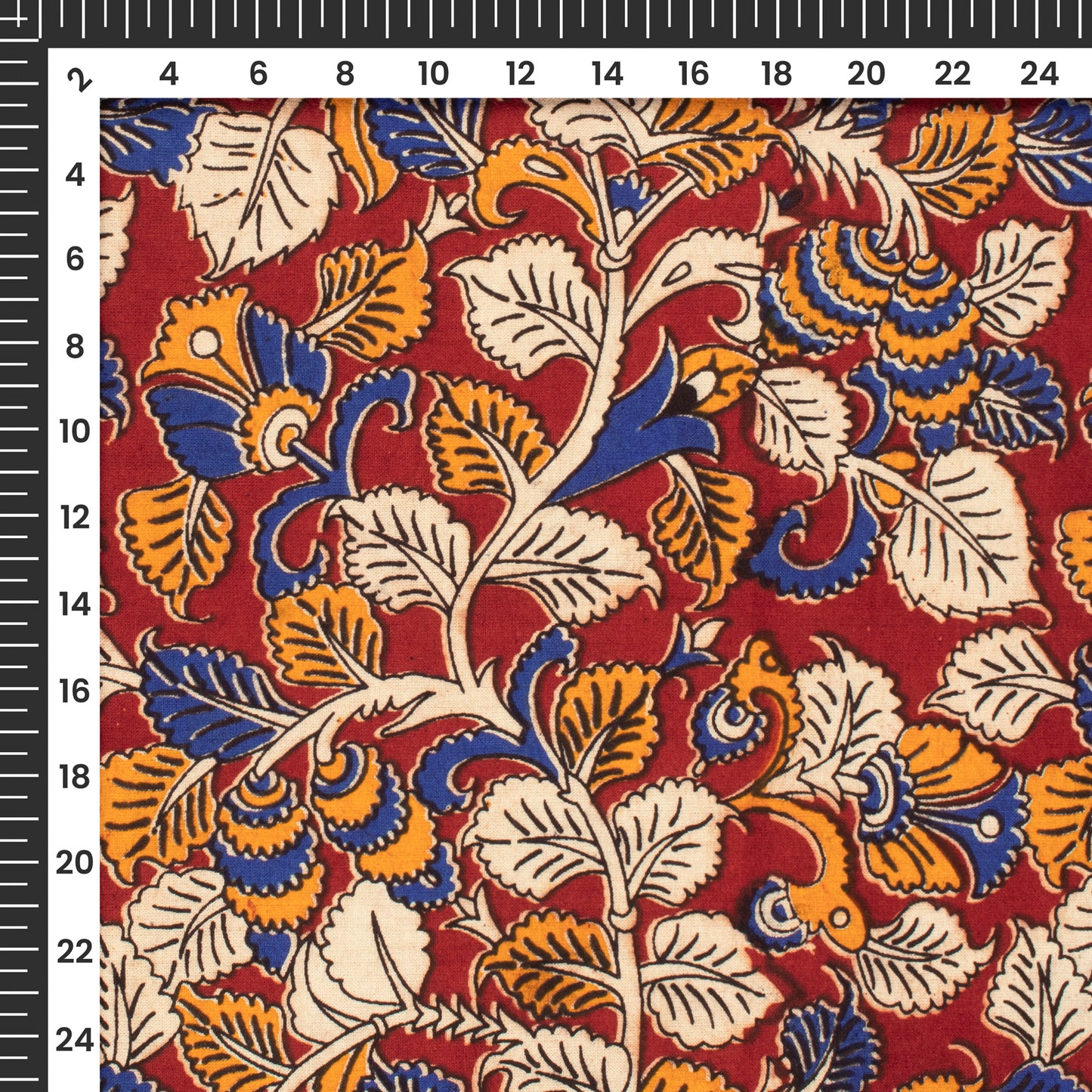 Amber And Blue Floral Kalamkari Cotton Fabric