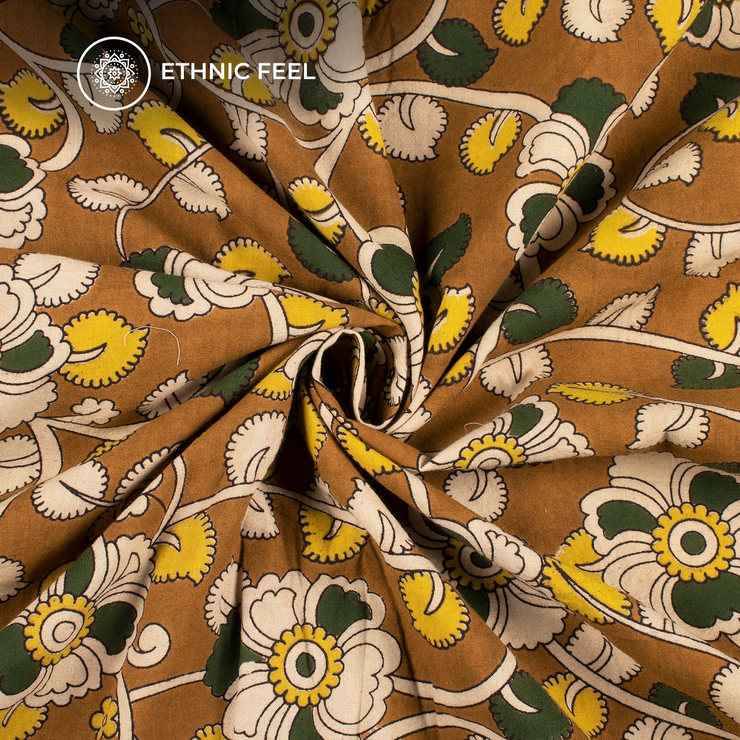 Castleton Green And Sepia Floral Kalamkari Cotton Fabric