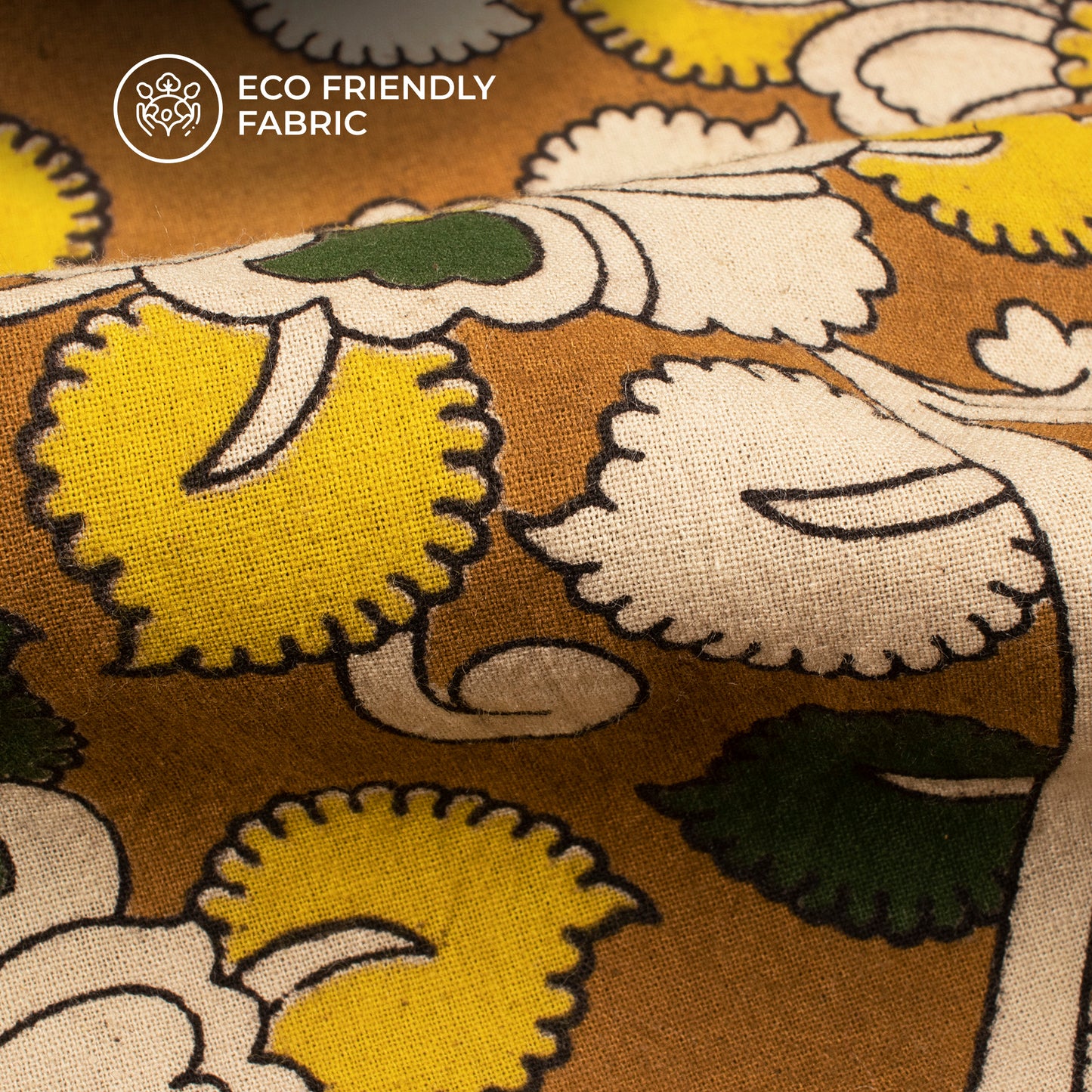 Castleton Green And Sepia Floral Kalamkari Cotton Fabric