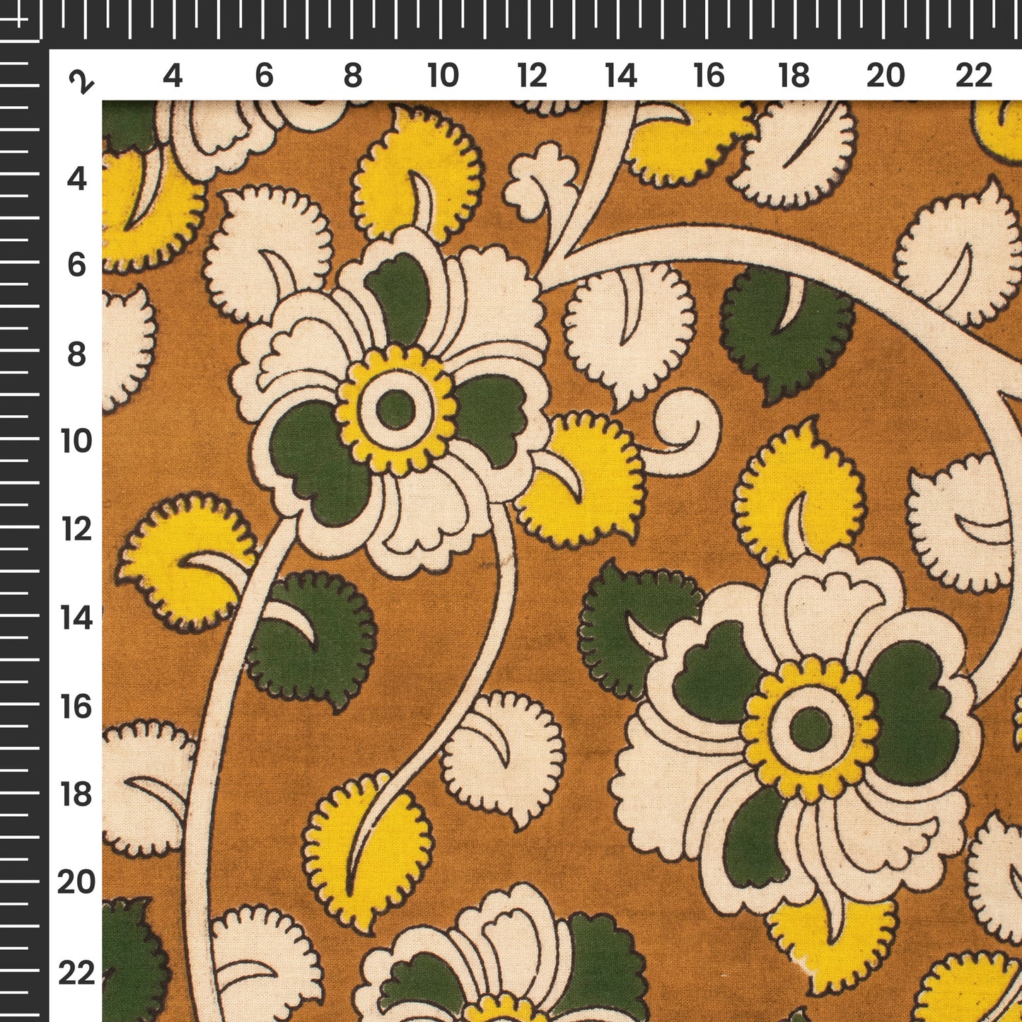 Castleton Green And Sepia Floral Kalamkari Cotton Fabric