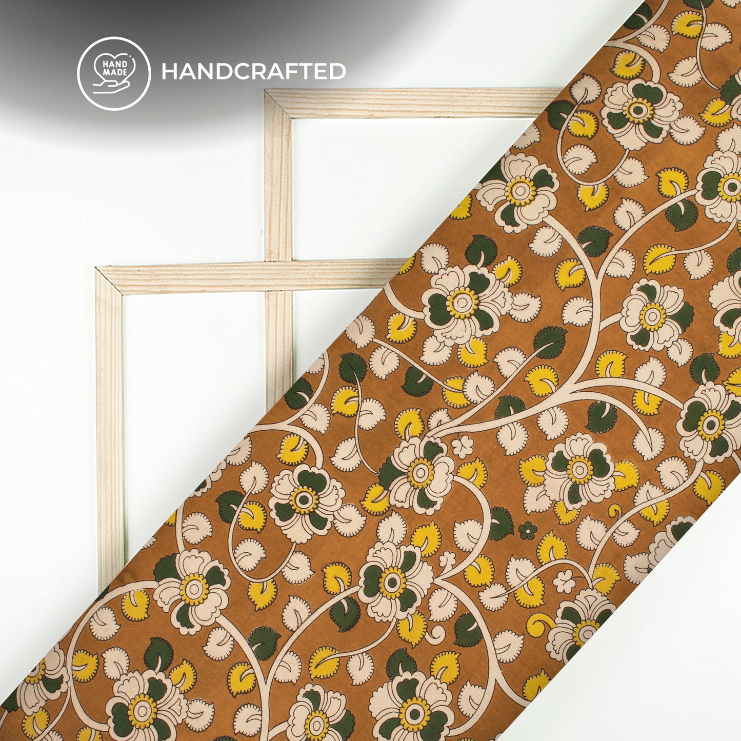 Castleton Green And Sepia Floral Kalamkari Cotton Fabric