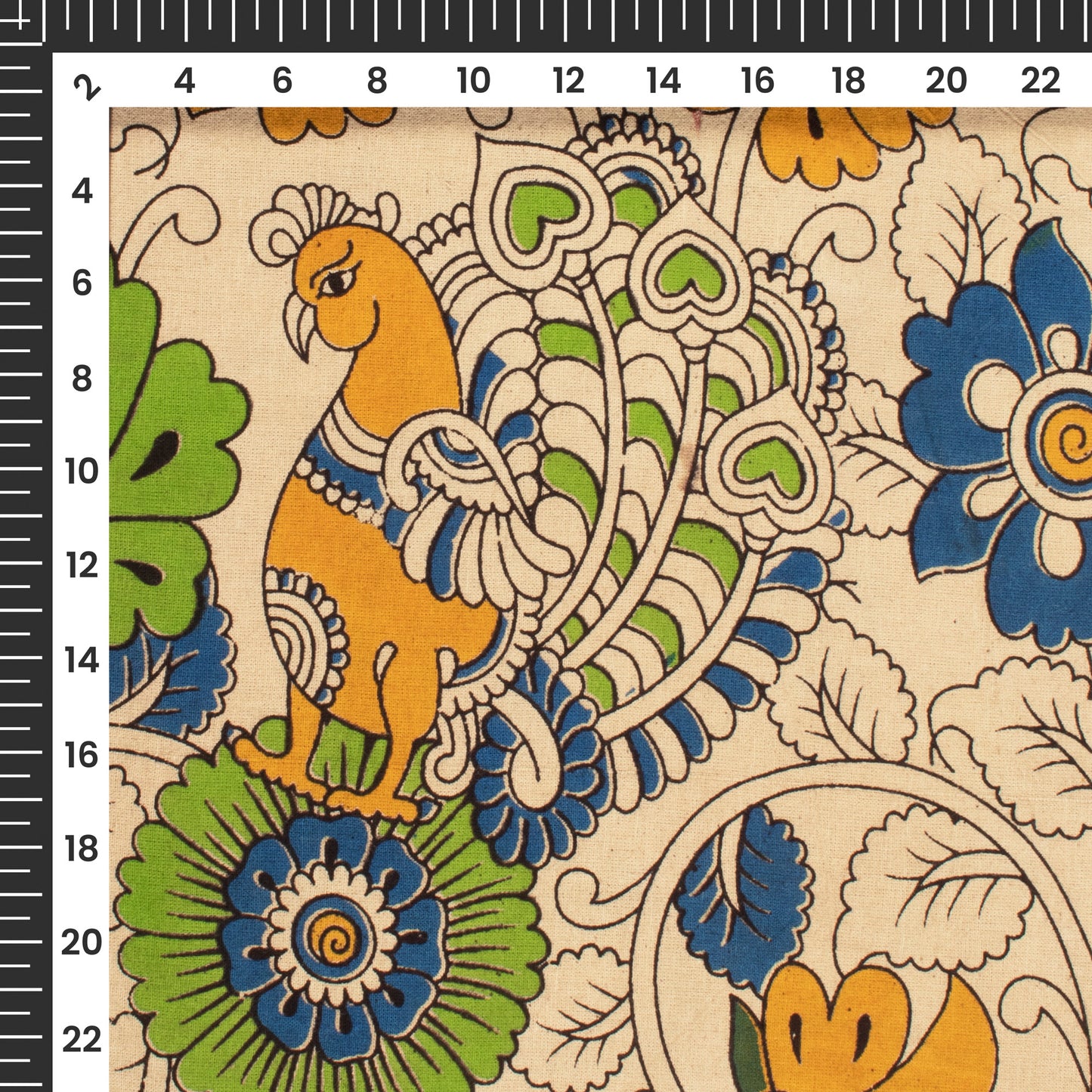 Amber Yellow And Admiral Blue Peacock Kalamkari Cotton Fabric