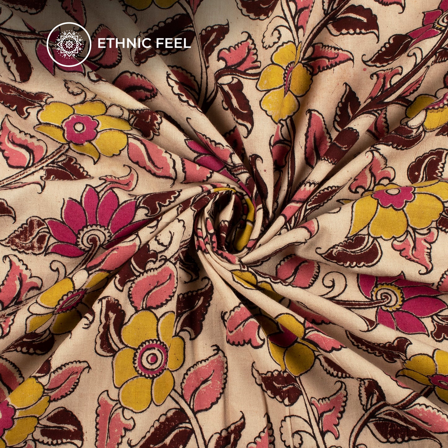 Lemon Yellow And Mocha Brown Floral Kalamkari Cotton Fabric