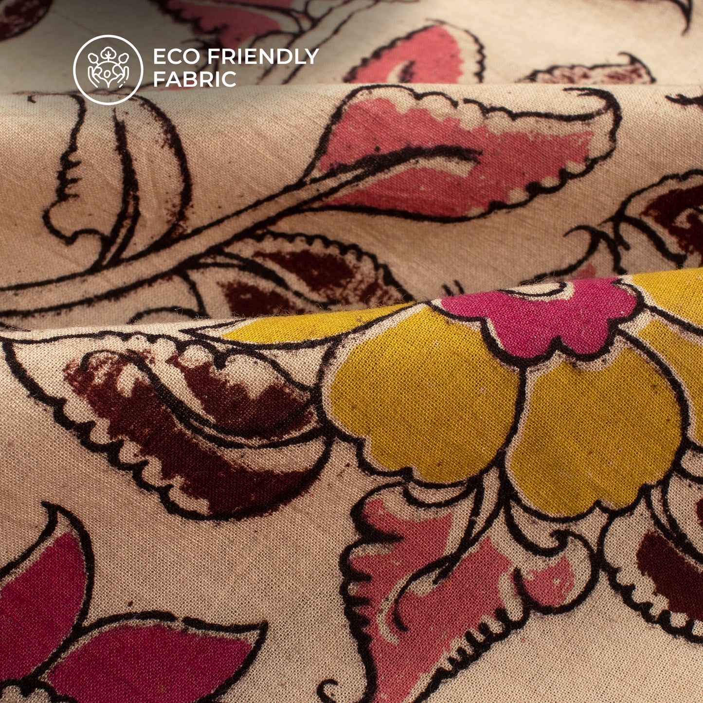 Lemon Yellow And Mocha Brown Floral Kalamkari Cotton Fabric