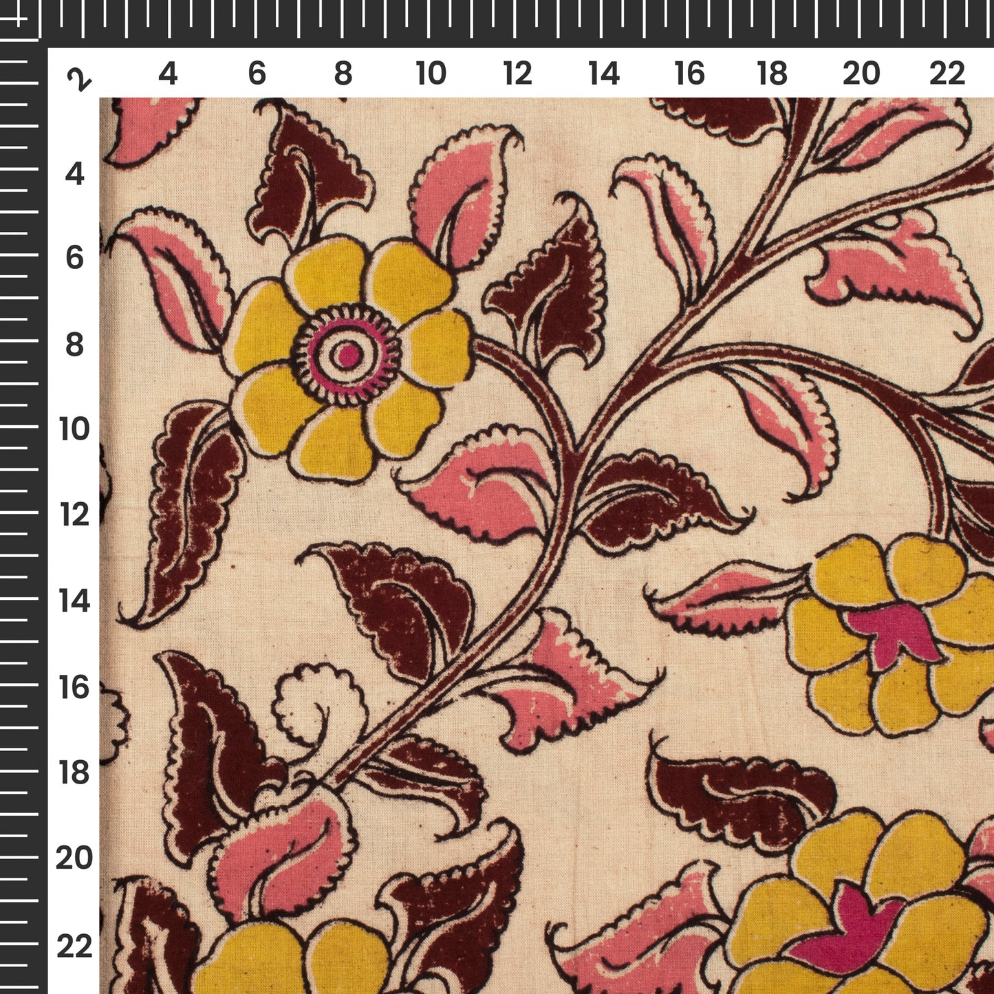 Lemon Yellow And Mocha Brown Floral Kalamkari Cotton Fabric