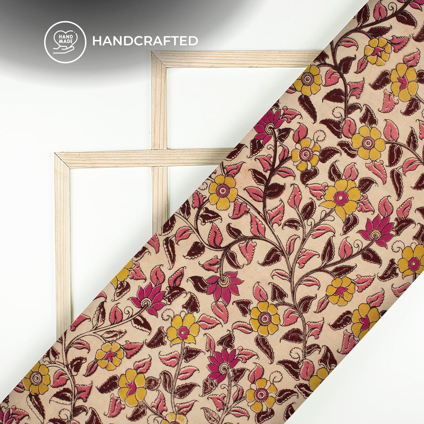 Lemon Yellow And Mocha Brown Floral Kalamkari Cotton Fabric