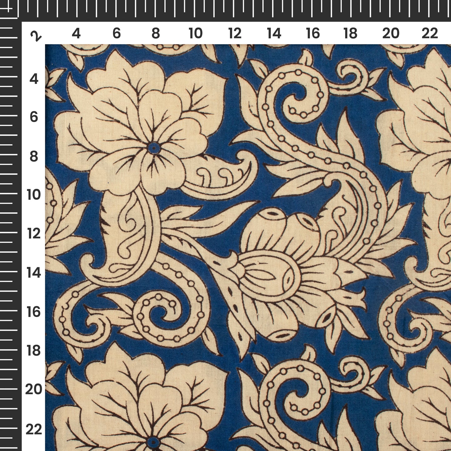 Berry Blue And Beige Floral Kalamkari Cotton Fabric