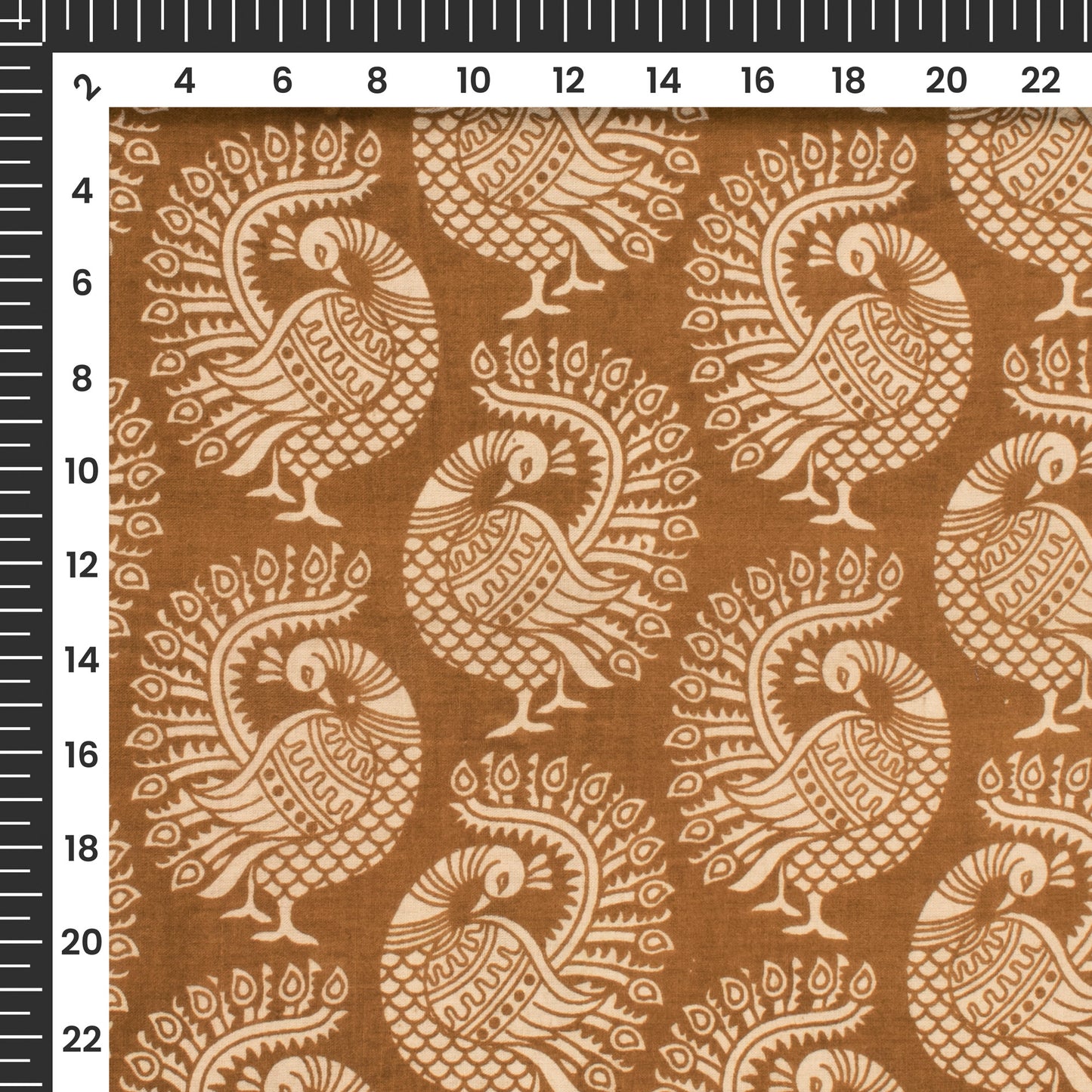 Russet Brown And Beige Peacock Kalamkari Cotton Fabric