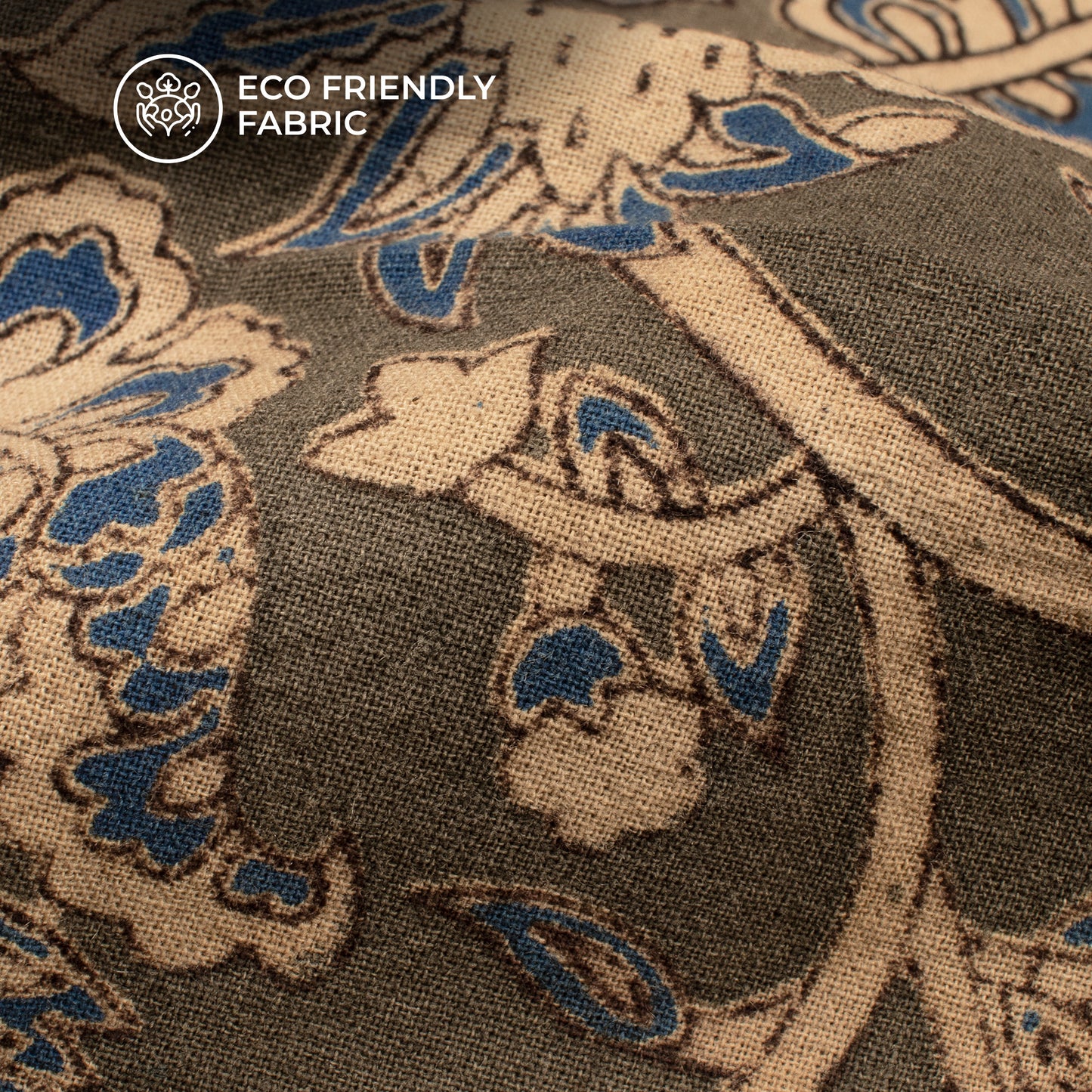 Grey And Blue Floral Kalamkari Cotton Fabric