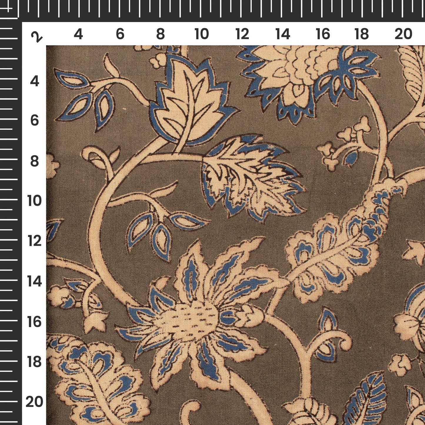 Grey And Blue Floral Kalamkari Cotton Fabric