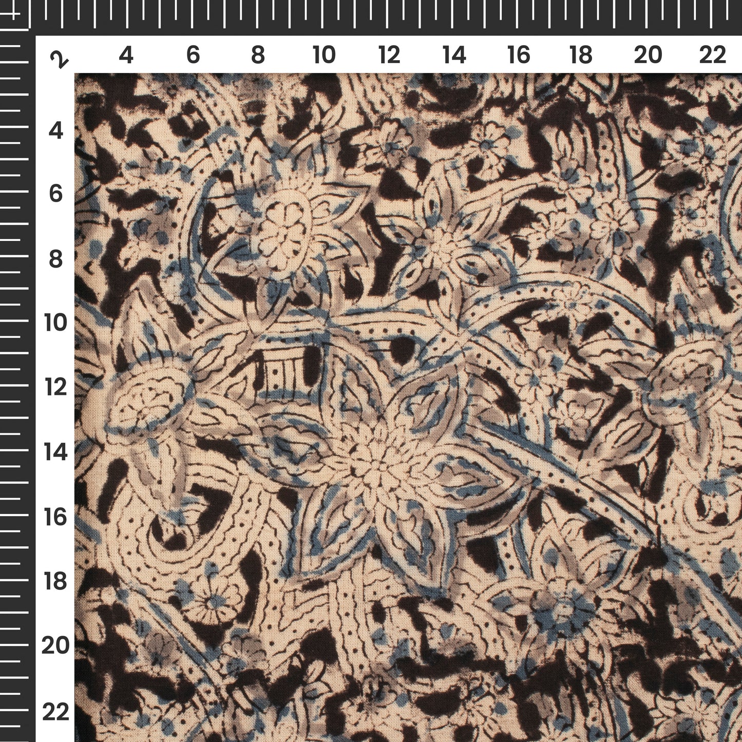 Gray And Blue Floral Pattern Kalamkari Cotton Fabric