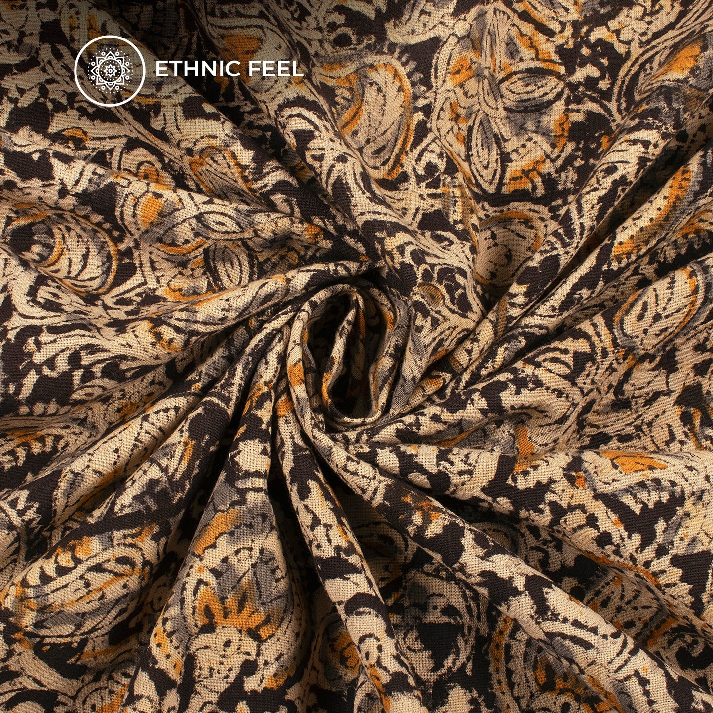 Black And Yellow Traditional Pattern Kalamkari Cotton Fabric