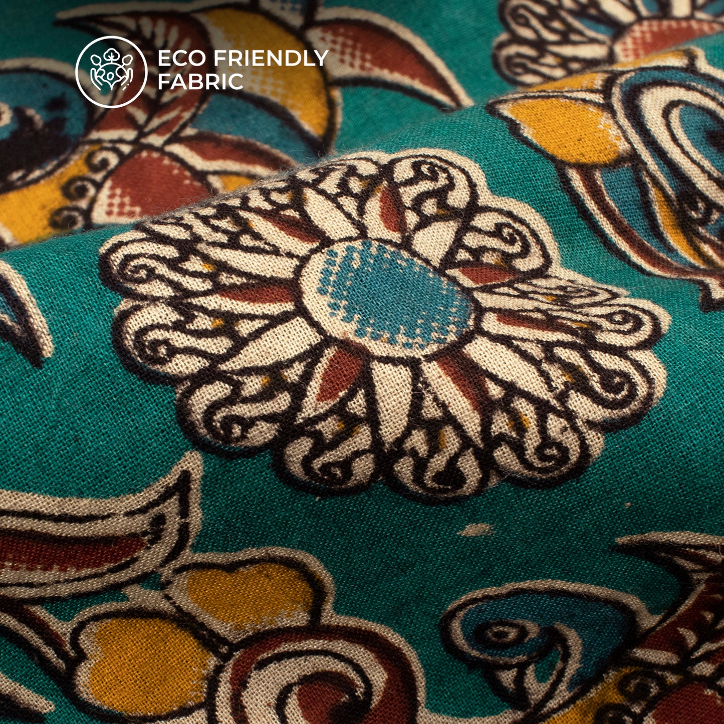 Dark Cyan Floral Pattern Kalamkari Cotton Fabric