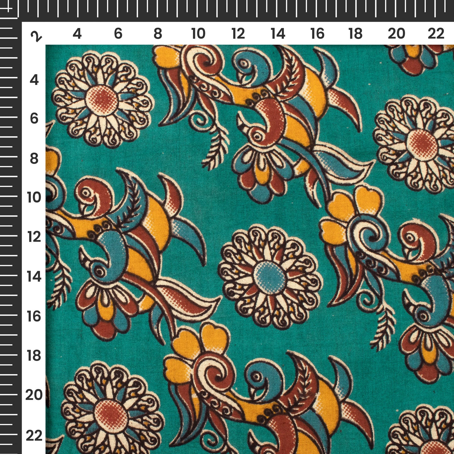 Dark Cyan Floral Pattern Kalamkari Cotton Fabric