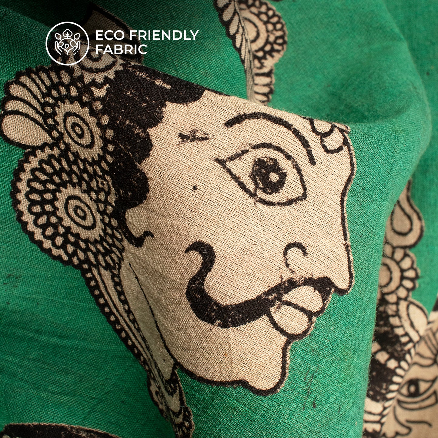 Green Quirky Pattern Kalamkari Cotton Fabric