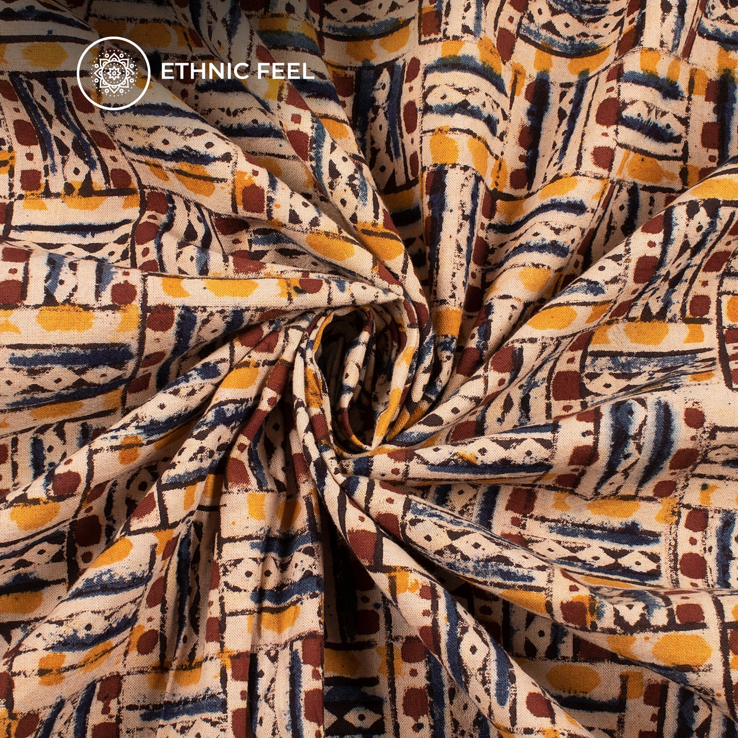Brown And Yellow Traditional Pattern Kalamkari Cotton Fabric