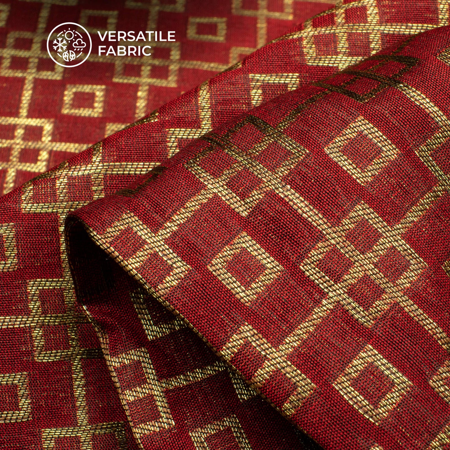 Carmine Red And Golden Geometric Pattern Pure Katan Banarasi Silk Fabric