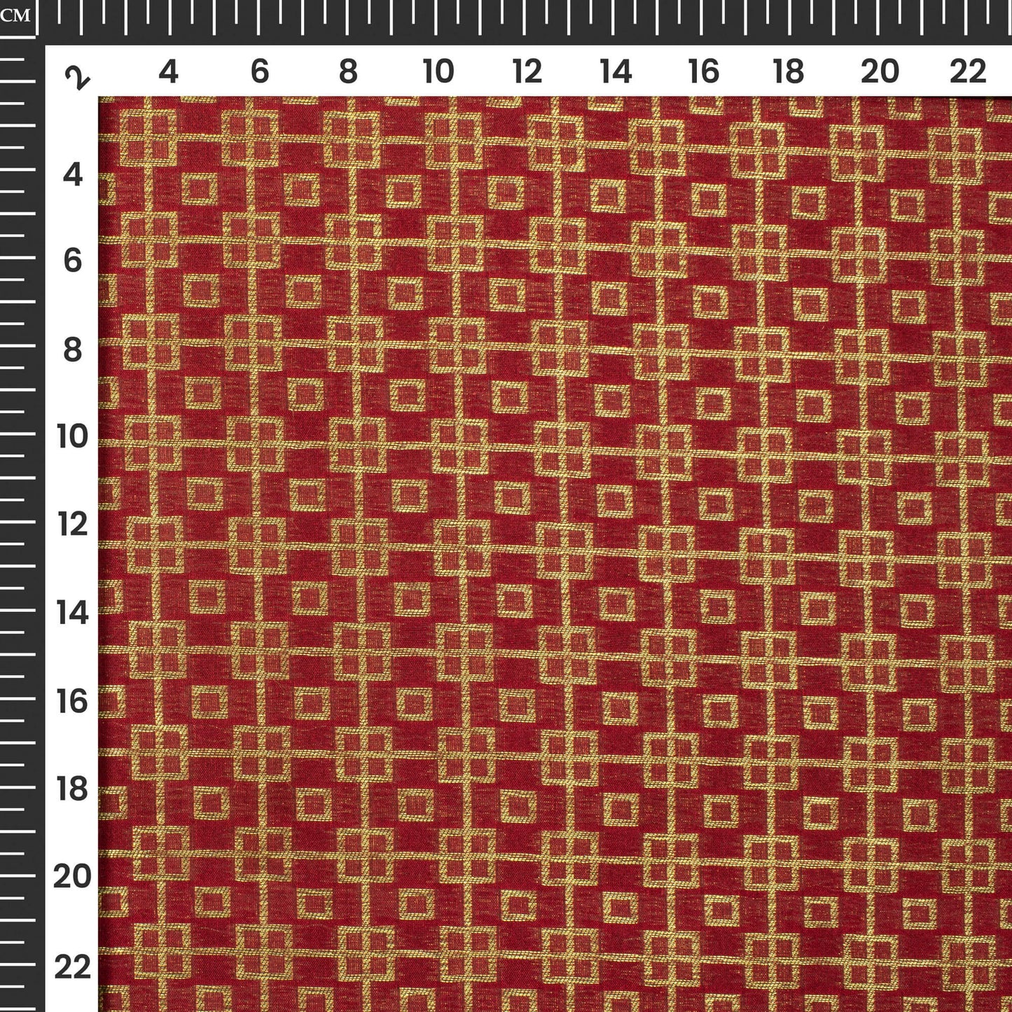 Carmine Red And Golden Geometric Pattern Pure Katan Banarasi Silk Fabric