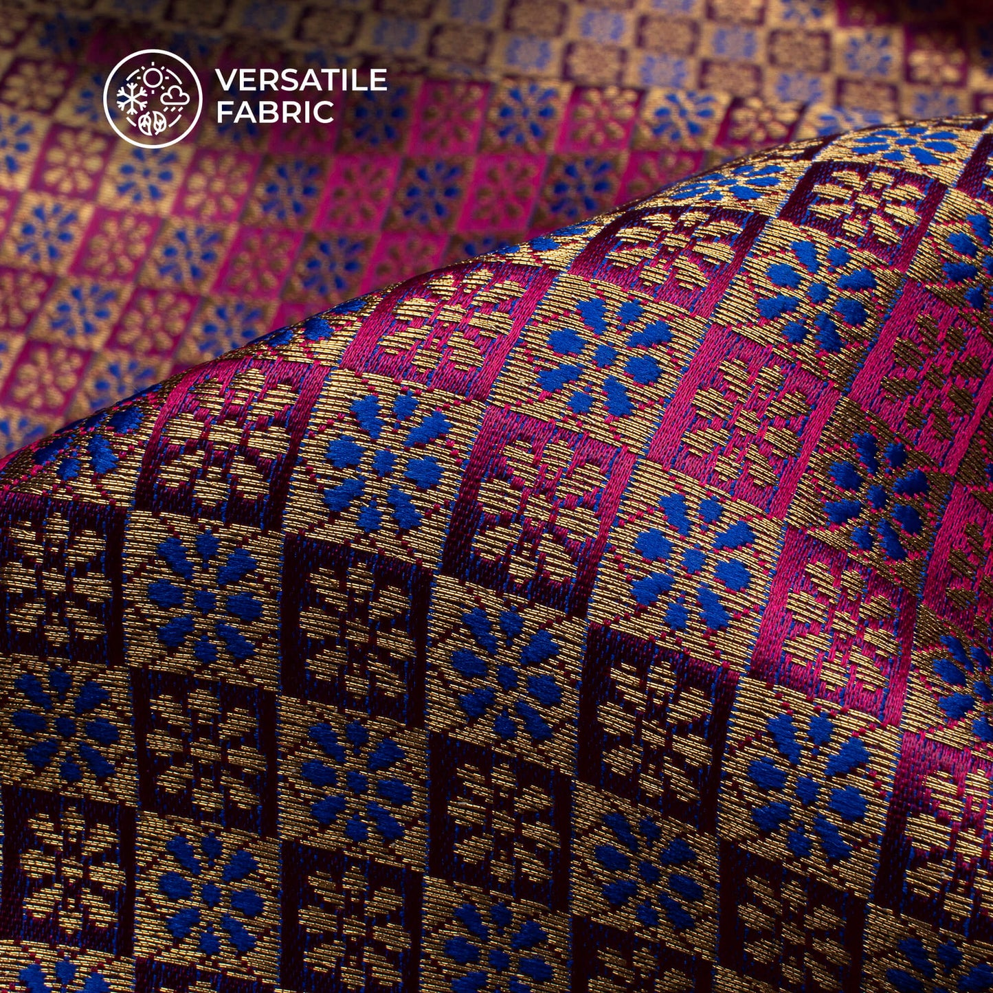 Royal Blue And Purple Floral Pattern Pure Katan Banarasi Silk Fabric