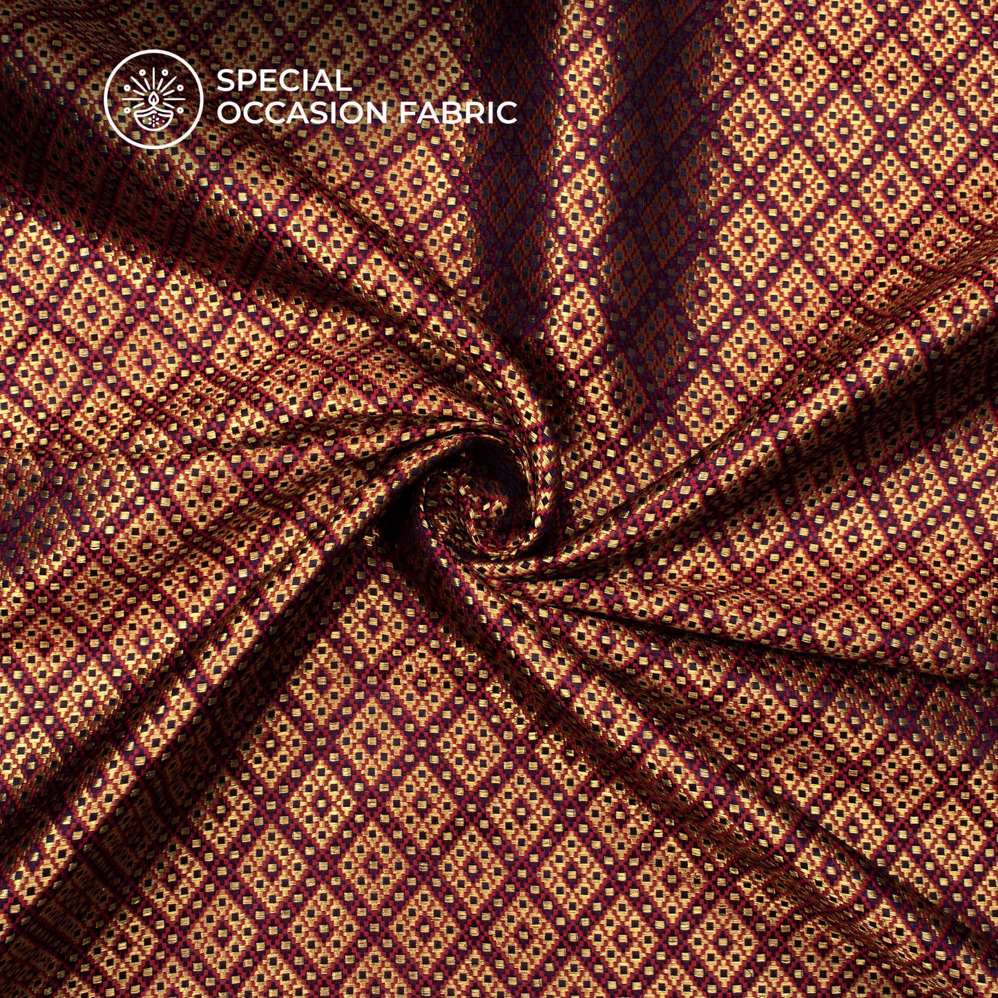 Navy Blue And Red Geometric Pattern Pure Katan Banarasi Silk Fabric