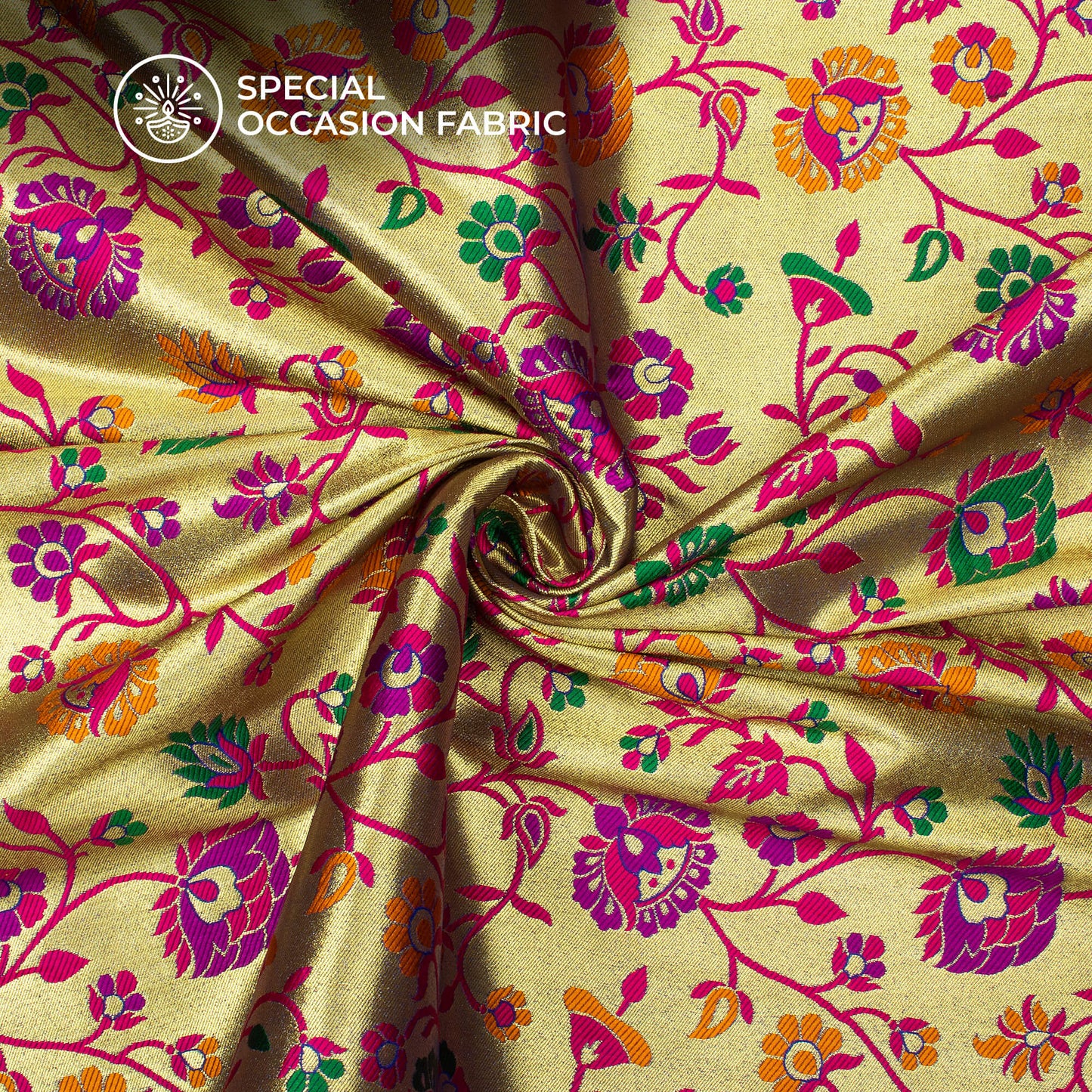 Magenta Pink And Golden Floral Pattern Pure Katan Tissue Banarasi Silk Fabric