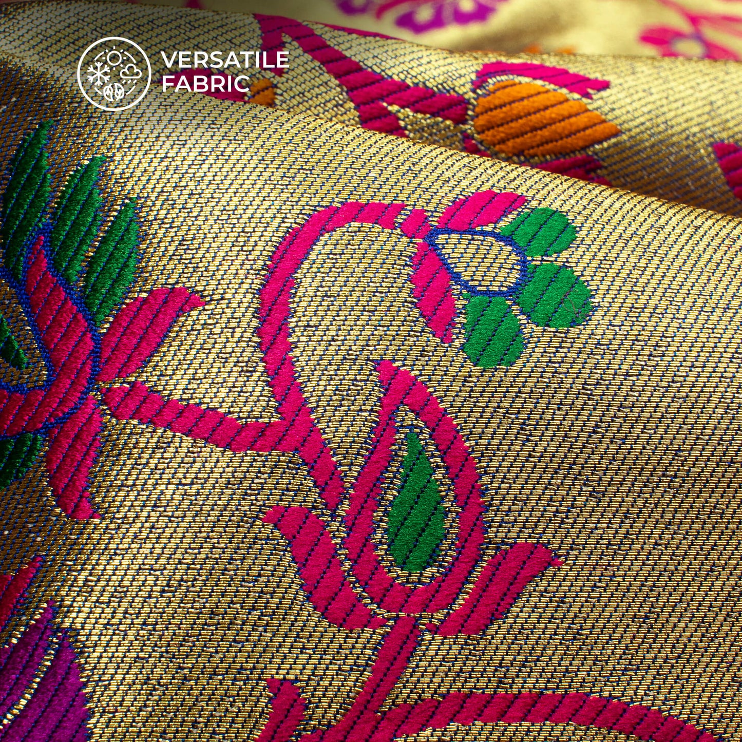 Magenta Pink And Golden Floral Pattern Pure Katan Tissue Banarasi Silk Fabric
