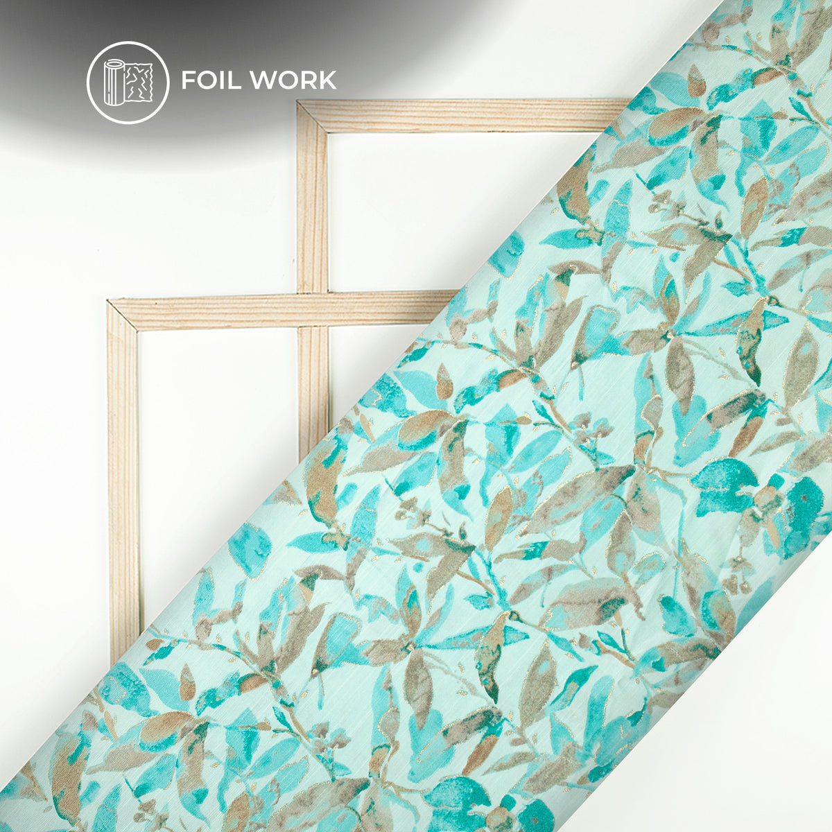 Light Blue Leaf Gold Foil Work Royal Slub Silk Fabric