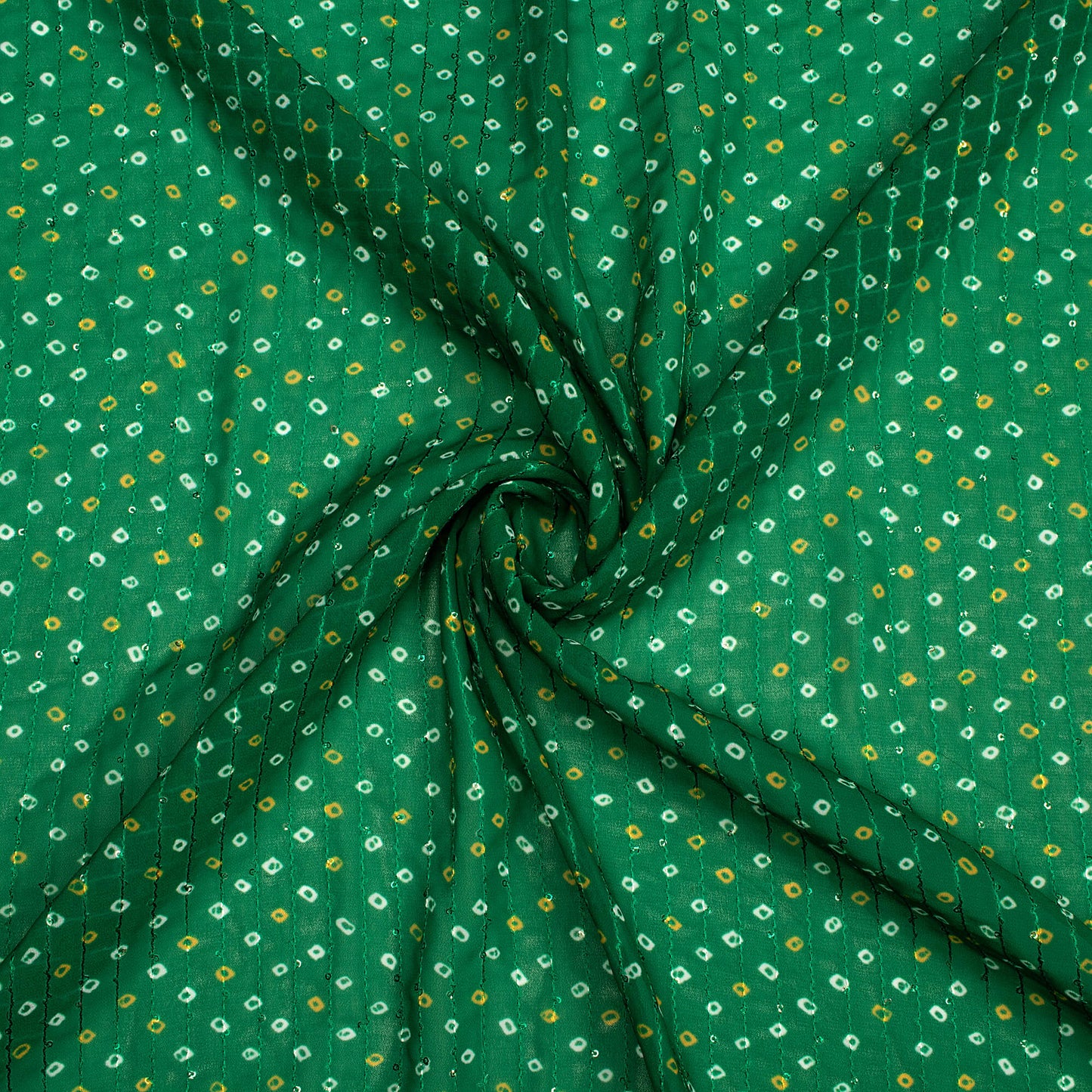 Pine Green And White Bandhanii Digital Print Premium Sequins Georgette Fabric