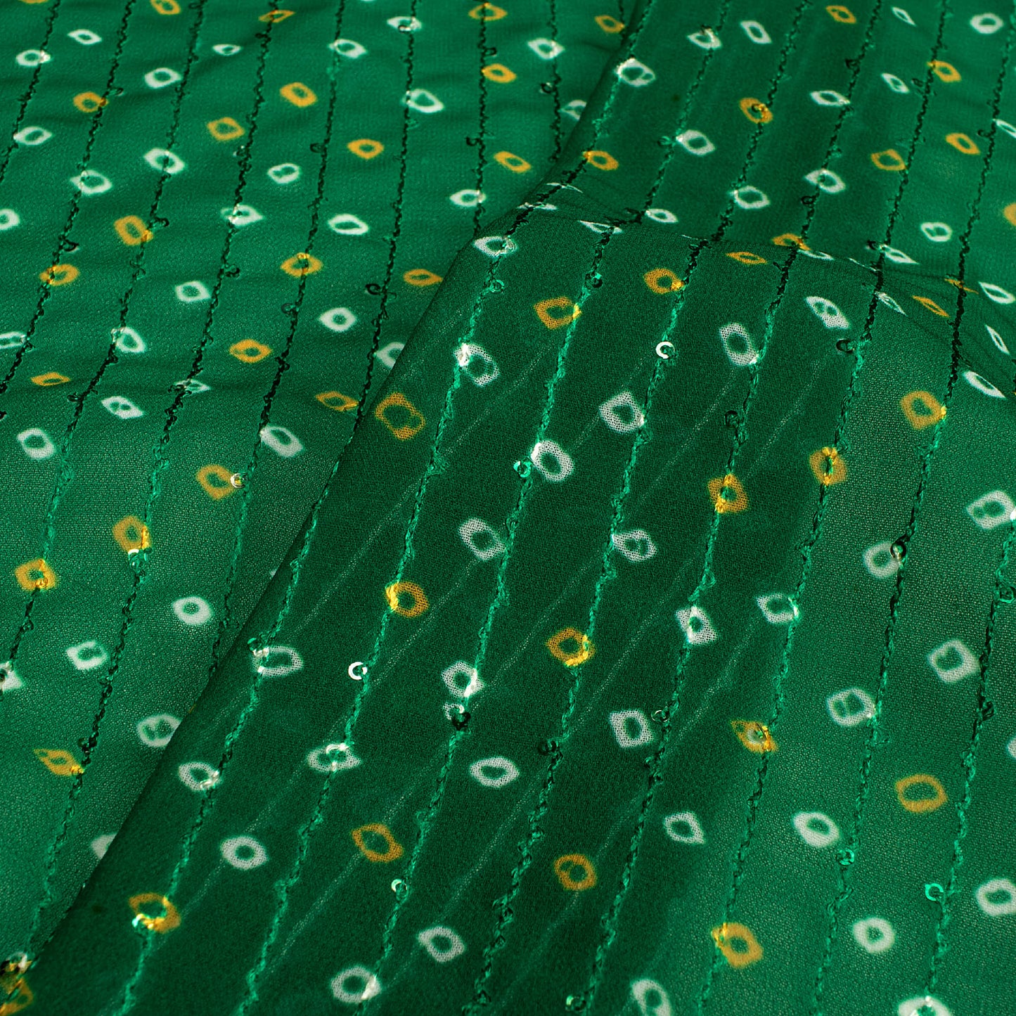 Pine Green And White Bandhani  Digital Print Premium Sequins Georgette Fabric