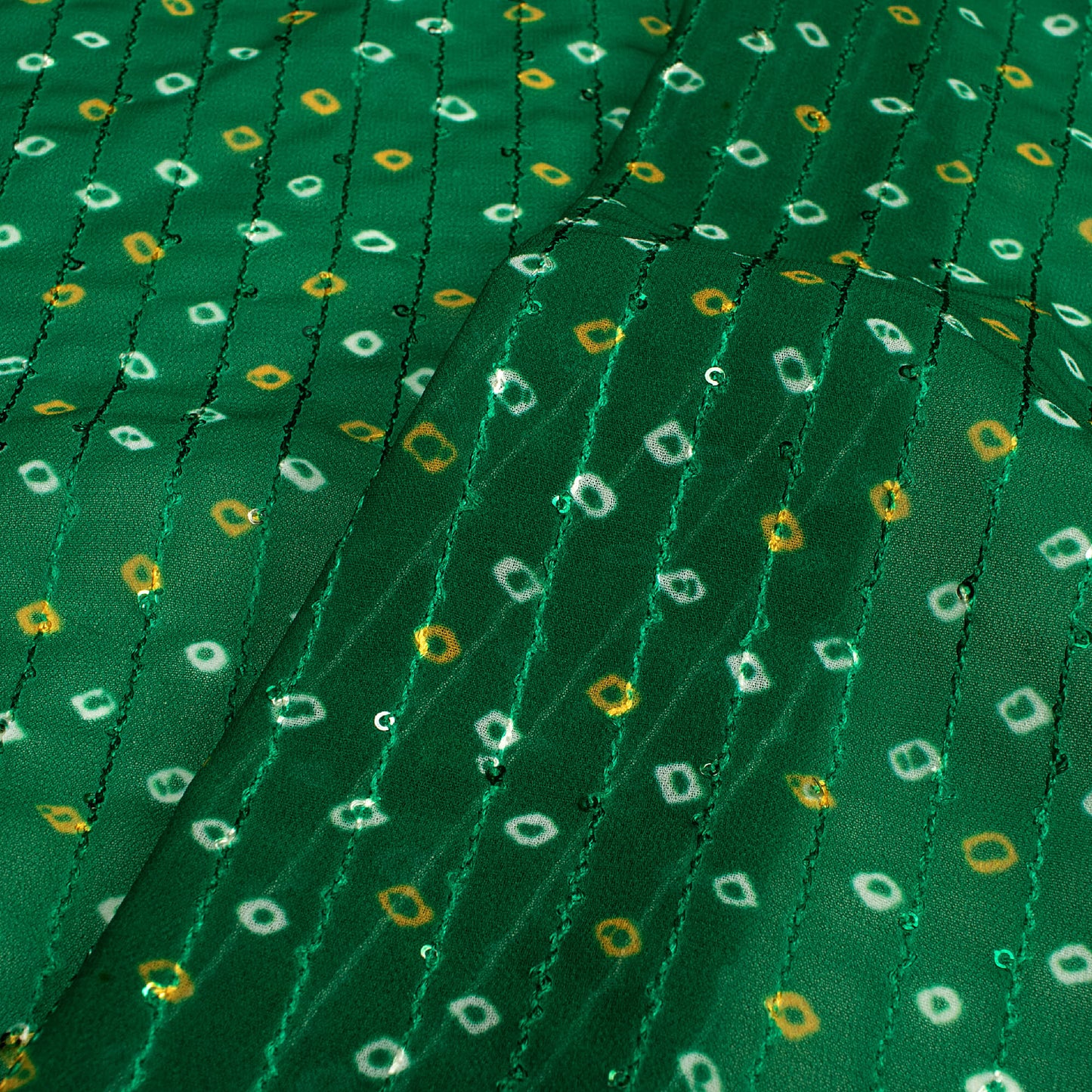 Pine Green And White Bandhanii Digital Print Premium Sequins Georgette Fabric