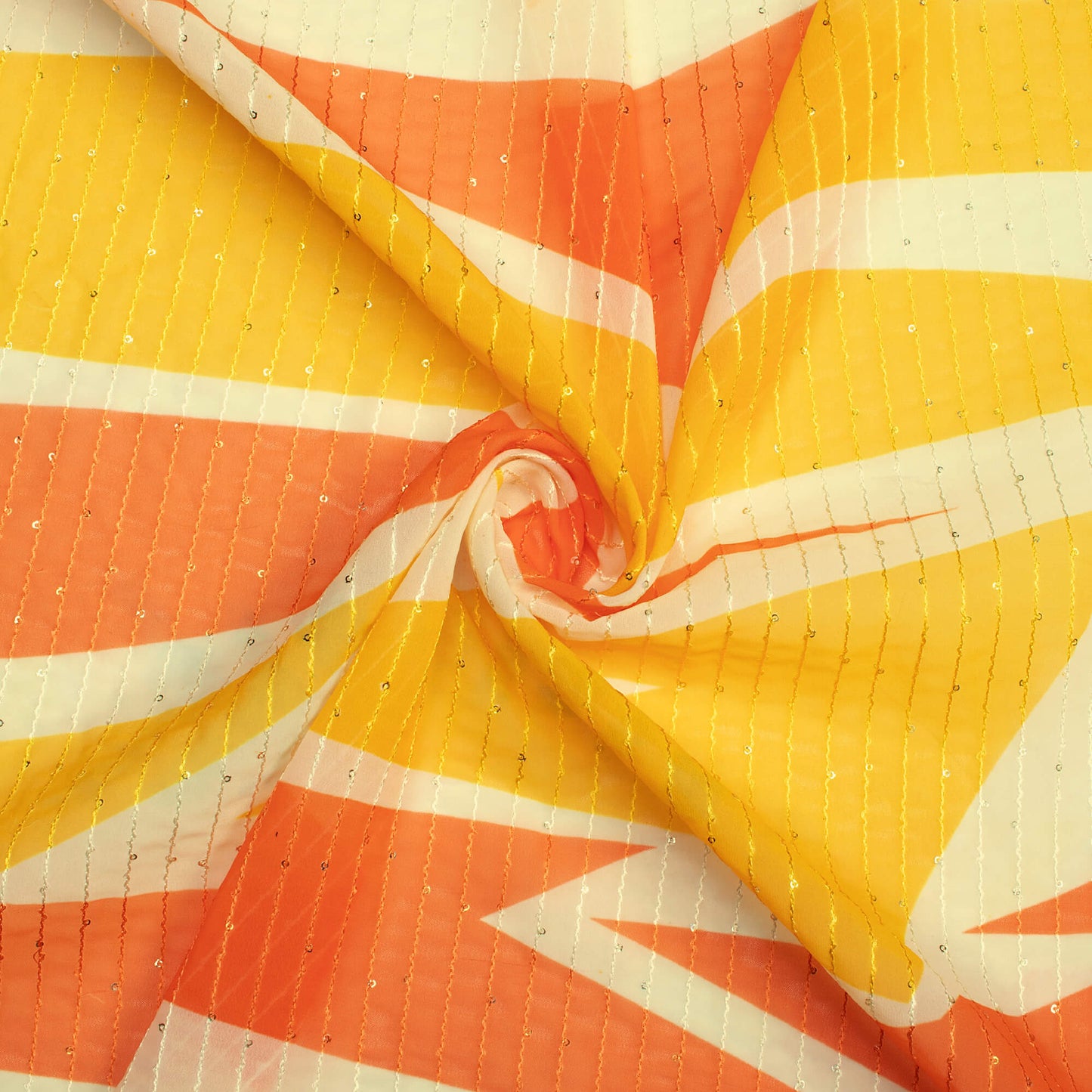 Canary Yellow And Orange Abstract Digital Print Premium Sequins Georgette Fabric