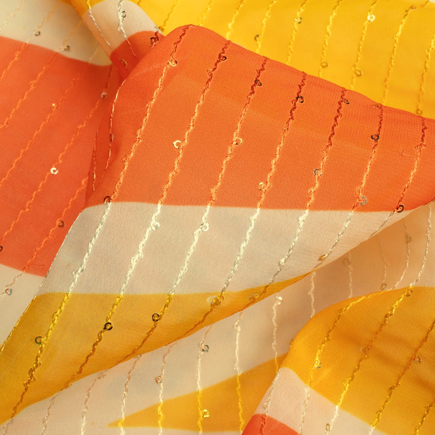 Canary Yellow And Orange Abstract Digital Print Premium Sequins Georgette Fabric