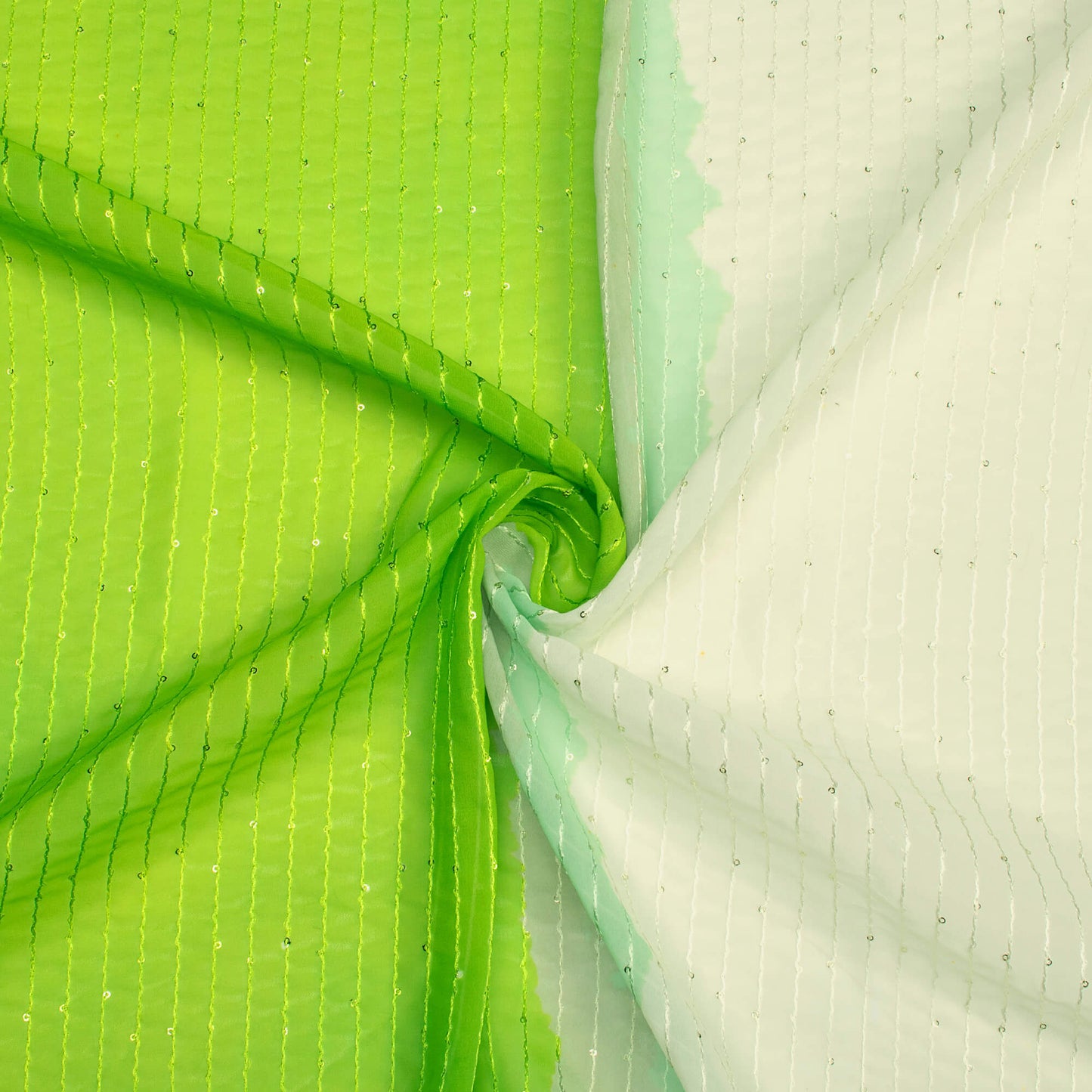 Pear Green And Off-White Ombre Digital Print Premium Sequins Georgette Fabric