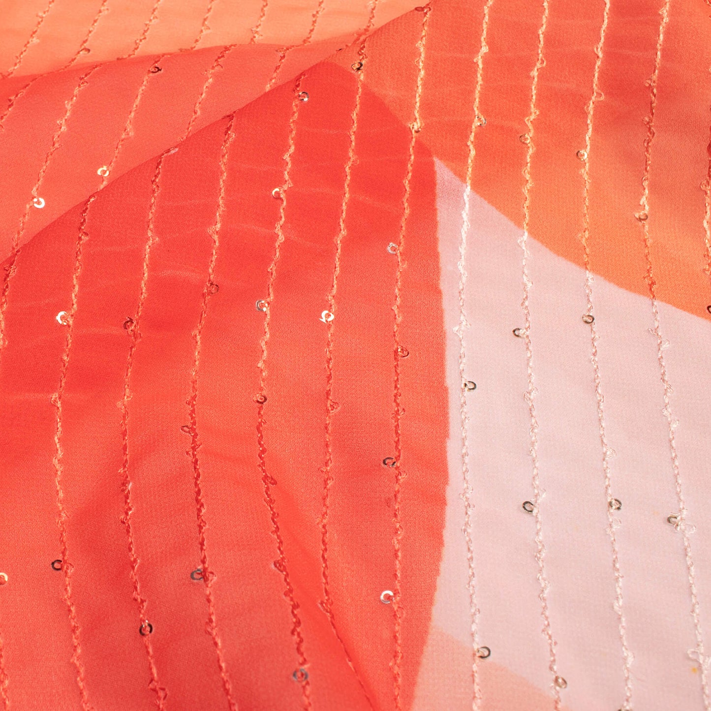 Lace Pink And Orange Abstract Digital Print Premium Sequins Georgette Fabric