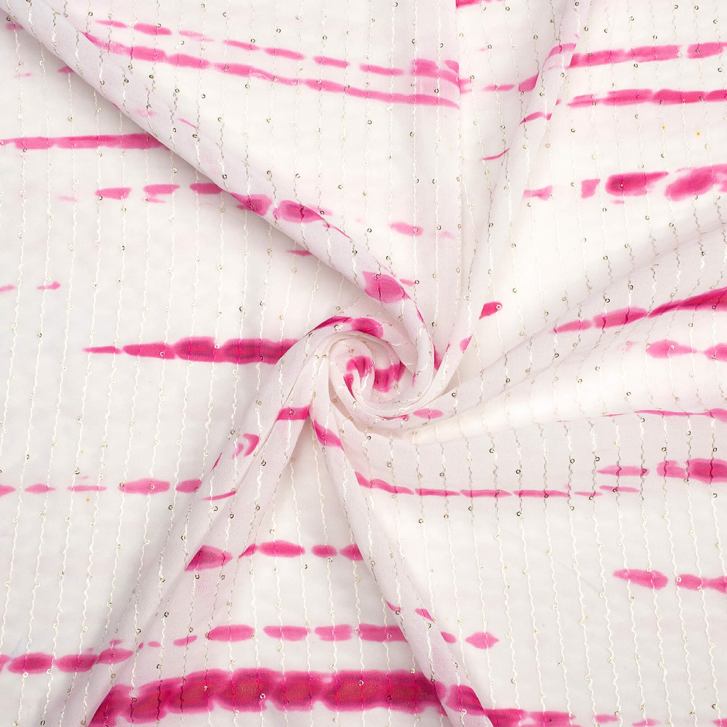 Hot Pink And White Shiiborii Digital Print Premium Sequins Georgette Fabric
