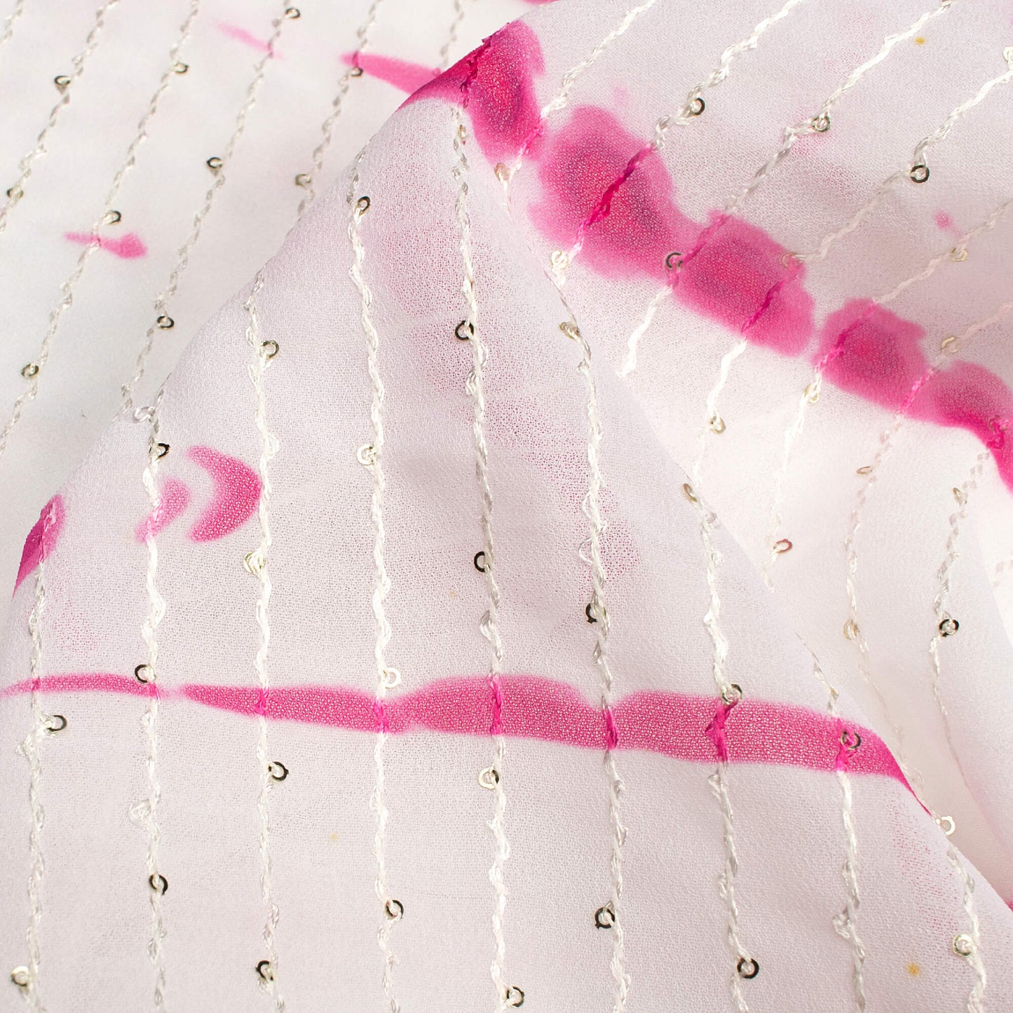 Hot Pink And White Shibori  Digital Print Premium Sequins Georgette Fabric