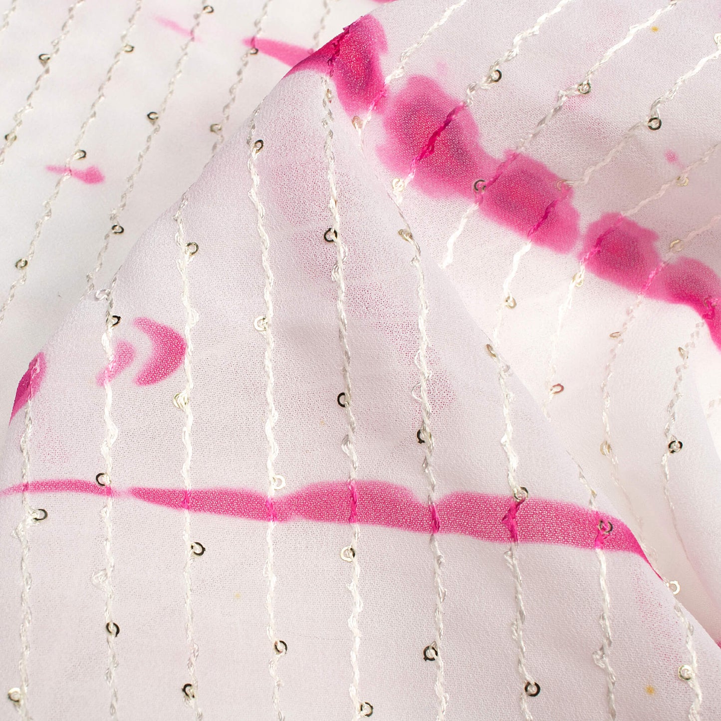 Hot Pink And White Shiiborii Digital Print Premium Sequins Georgette Fabric