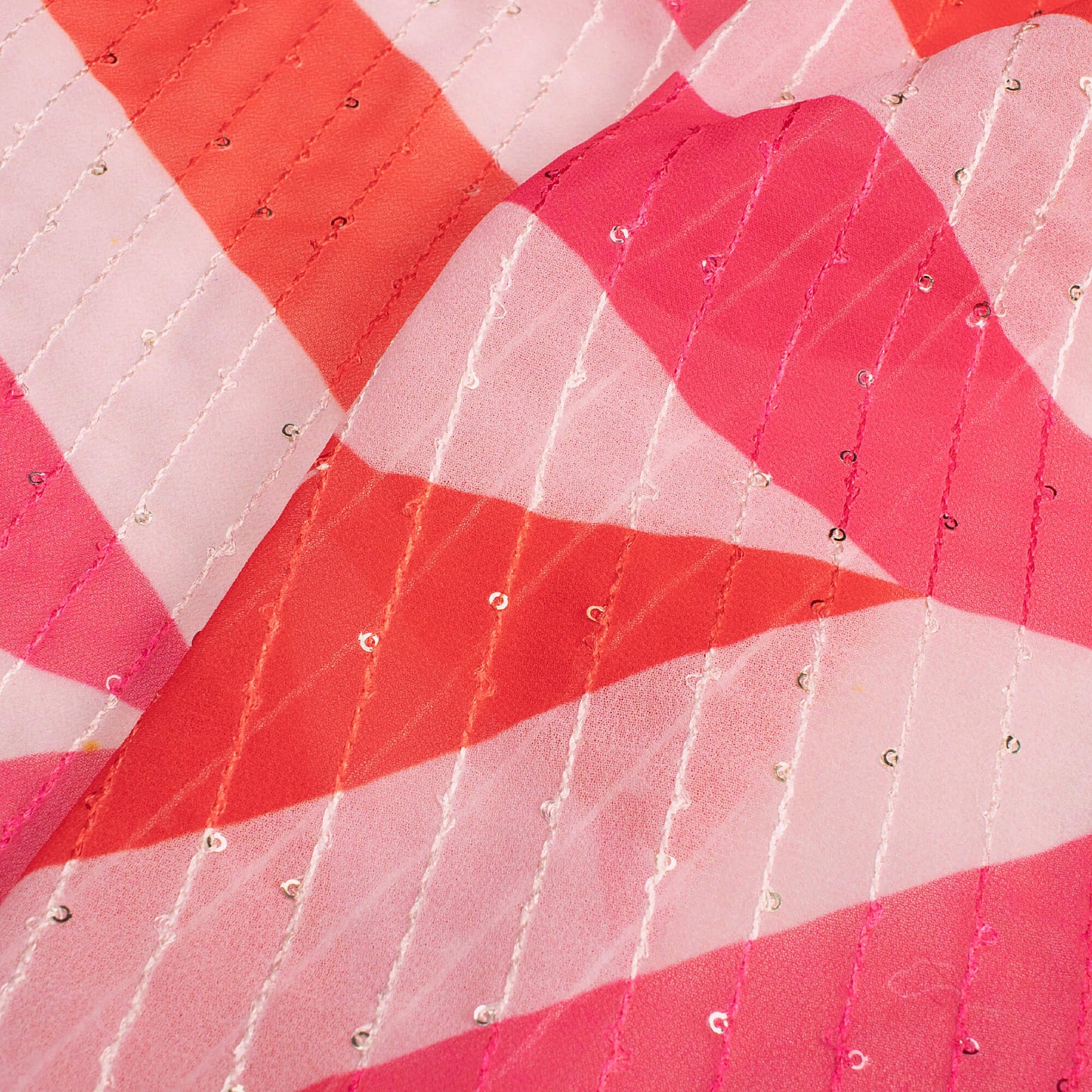 Crimson Red And Pink Geometric Digital Print Premium Sequins Georgette Fabric