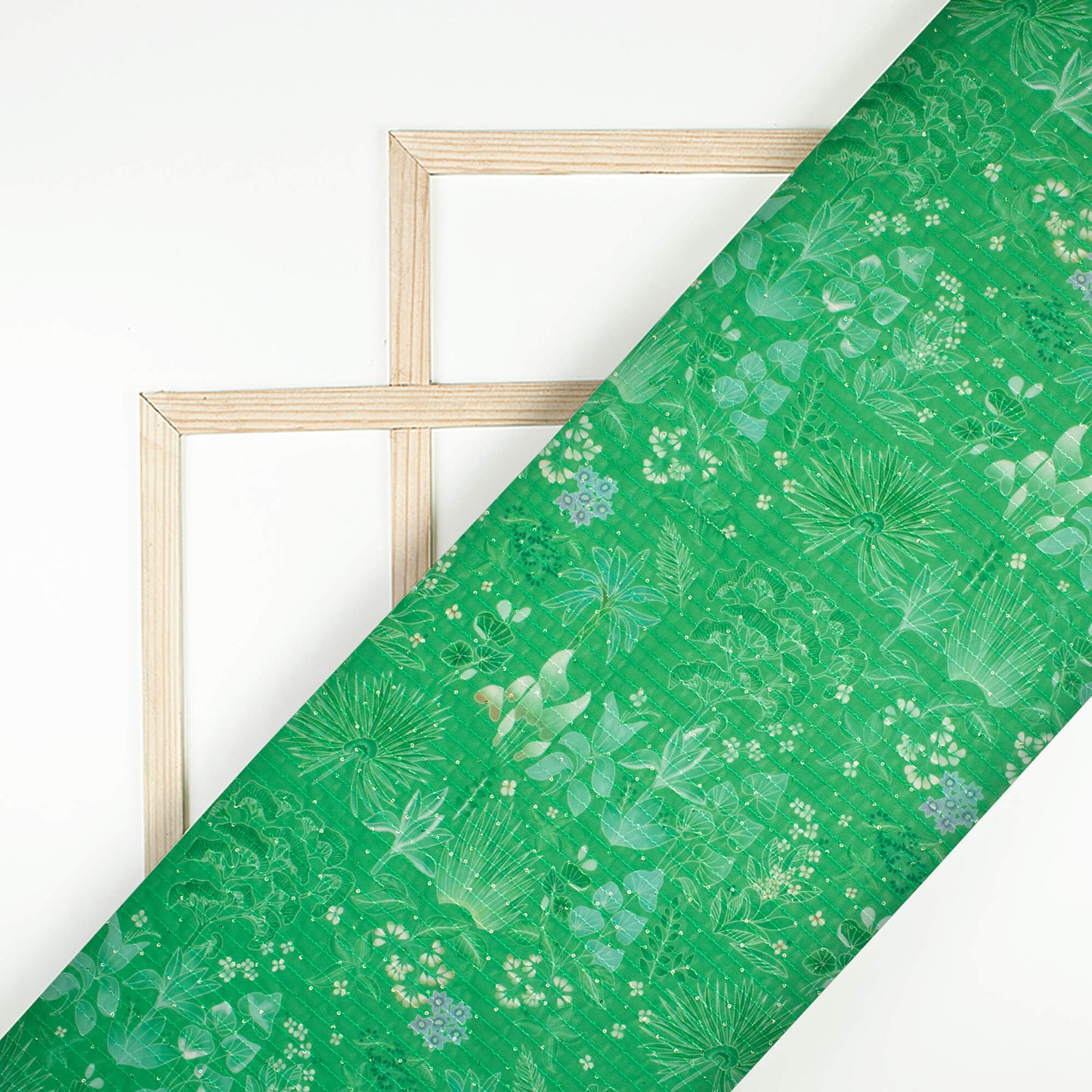 Green And White Floral Digital Print Premium Sequins Georgette Fabric