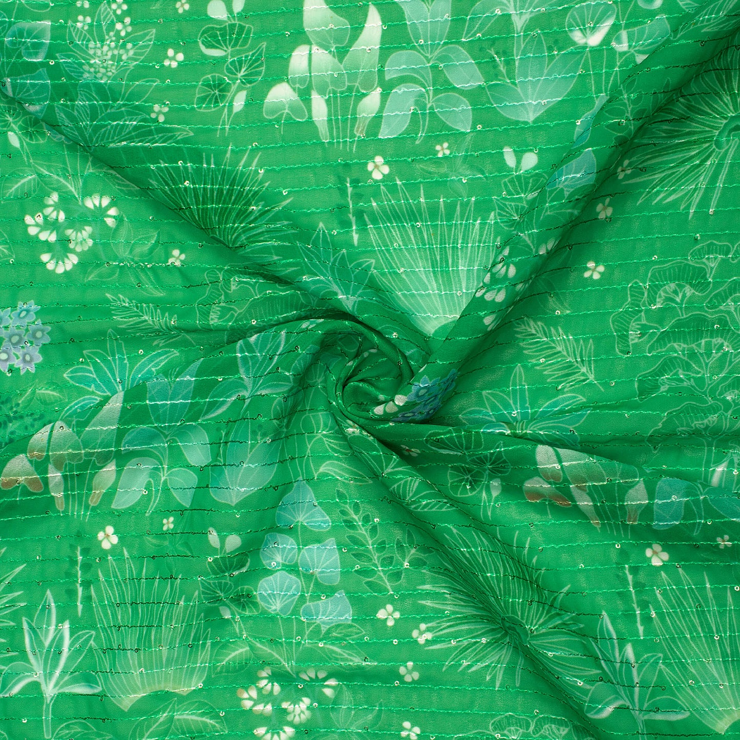 Green And White Floral Digital Print Premium Sequins Georgette Fabric