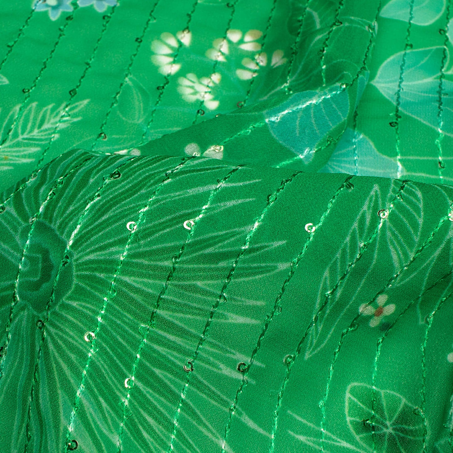 Green And White Floral Digital Print Premium Sequins Georgette Fabric