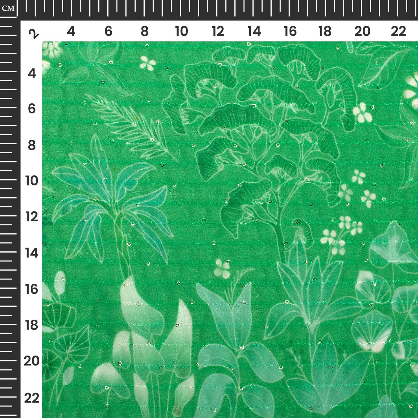 Green And White Floral  Digital Print Premium Sequins Georgette Fabric