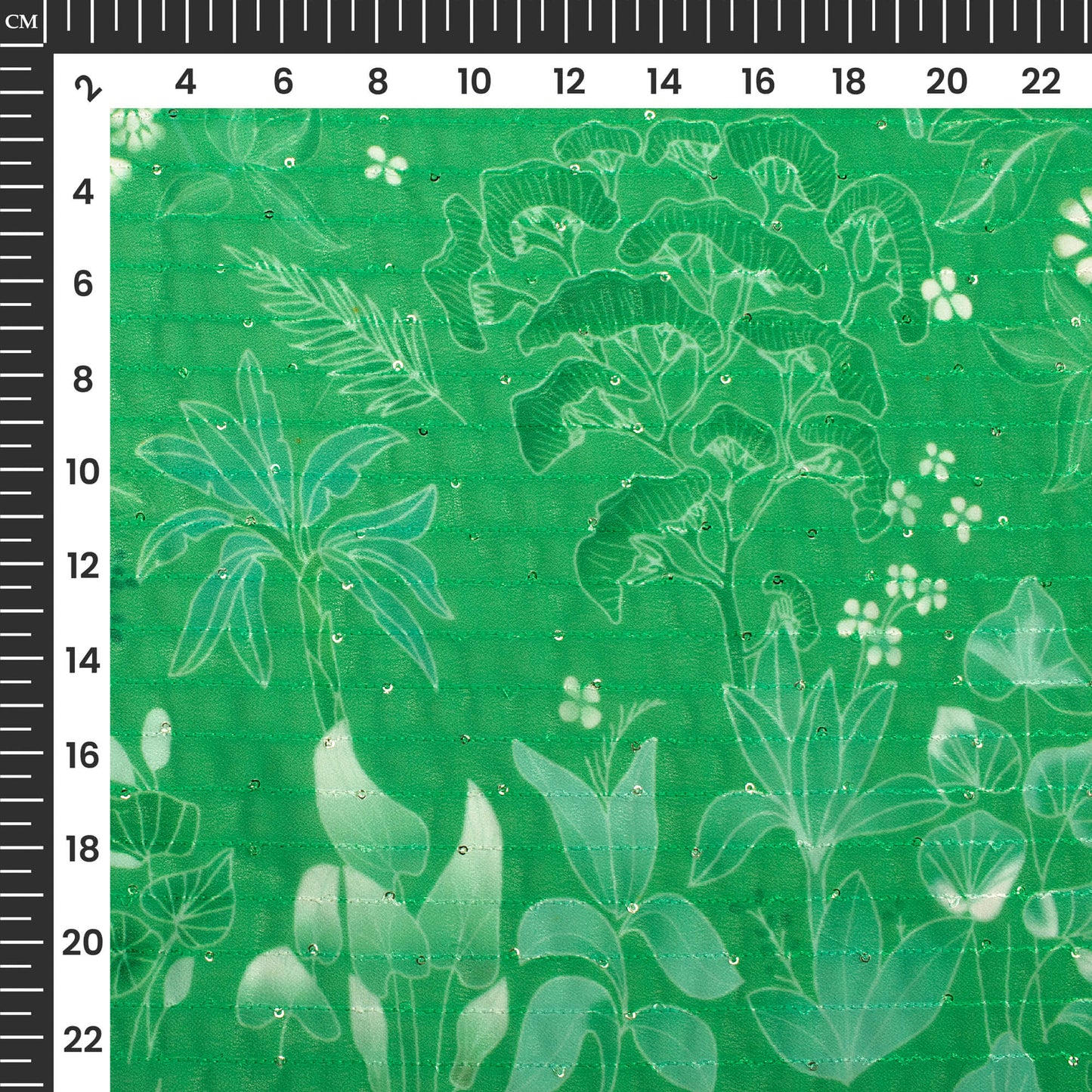 Green And White Floral Digital Print Premium Sequins Georgette Fabric