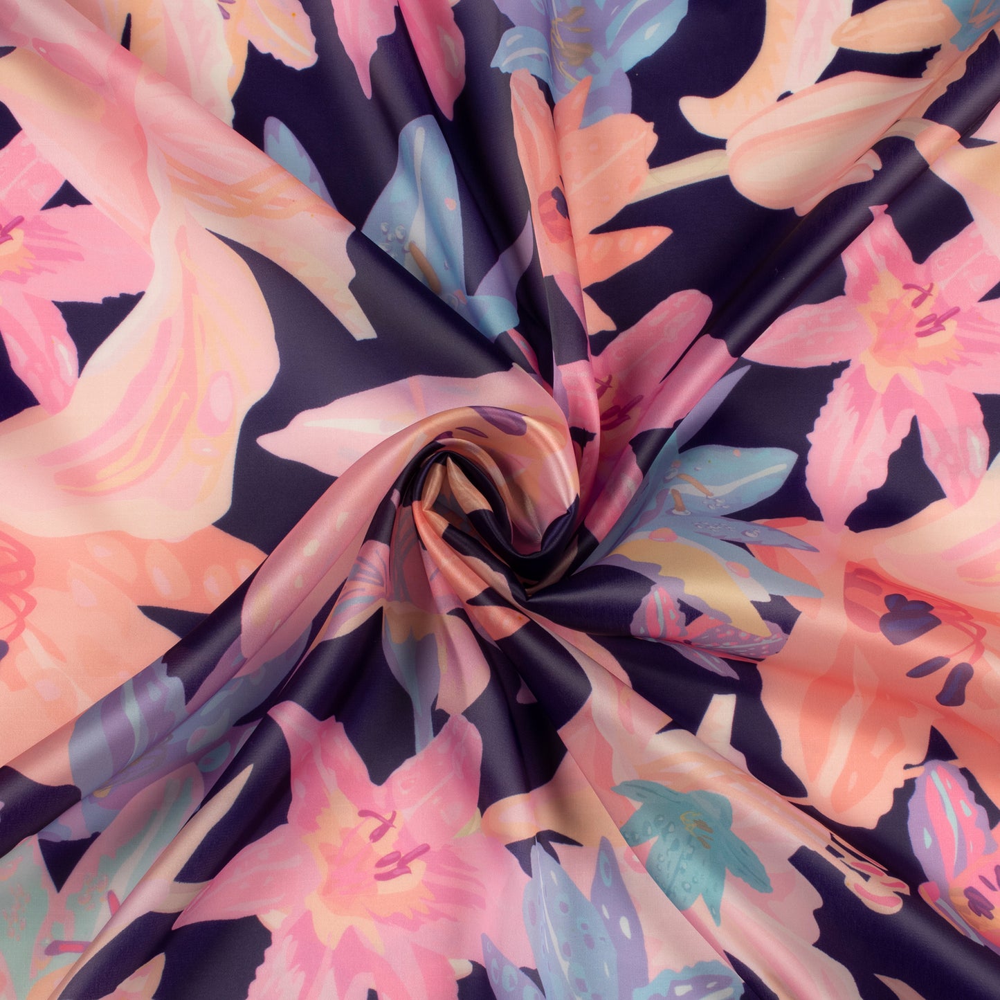 Navy Blue And Pink Floral Digital Print Organza Satin Fabric