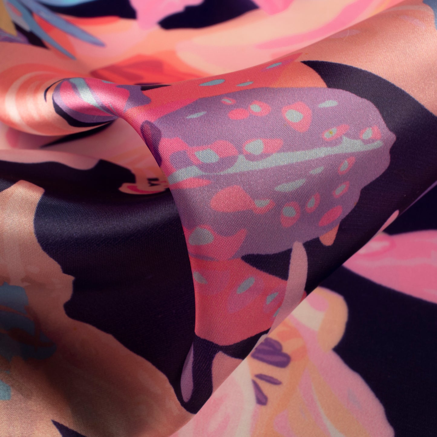 Navy Blue And Pink Floral Digital Print Organza Satin Fabric