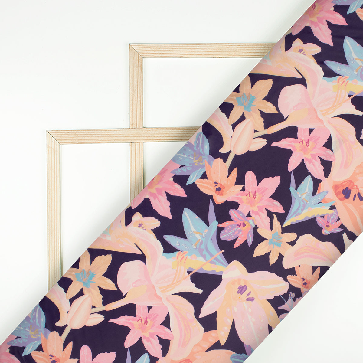 Navy Blue And Pink Floral Digital Print Organza Satin Fabric