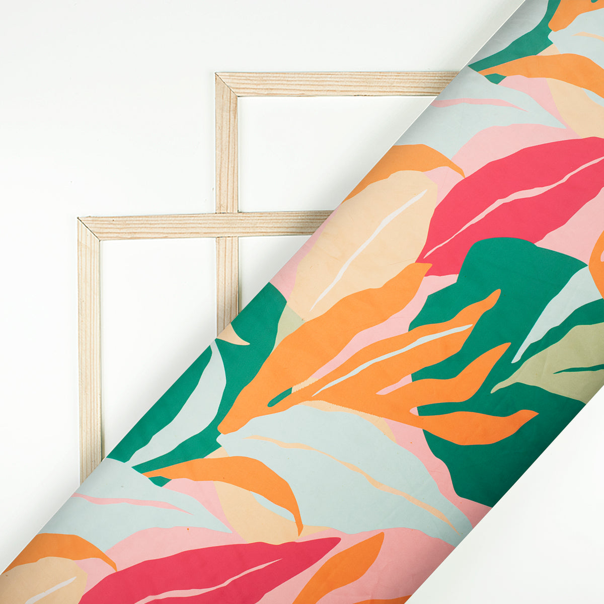 Light Pink And Green Leaf Digital Print Organza Satin Fabric